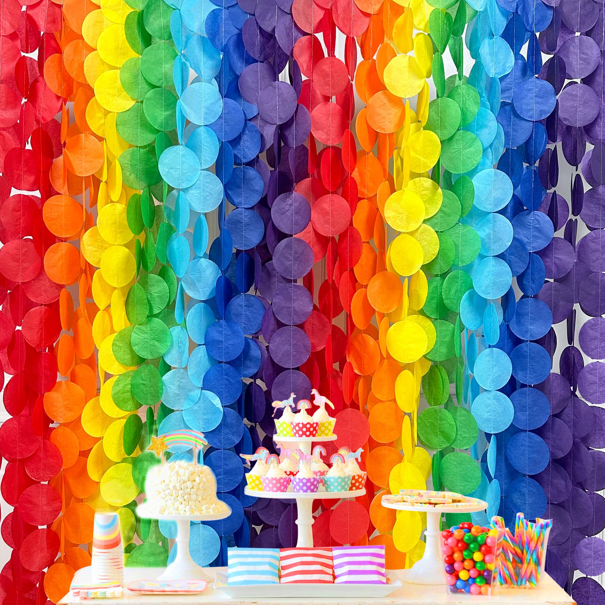 205Ft Rainbow Party Decorations Big Polka Dots Tissue Paper Backdrop Streamer Colorful Circle Dots Hanging Curtain Garland for Birthday Fiesta Carnival Baby Shower Wedding Engagement Party Supplies