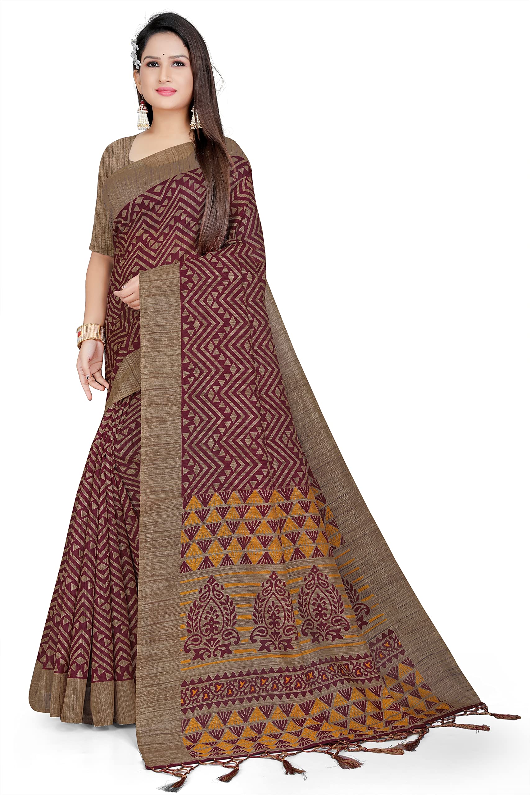 PBS PRINTS Women's Cotton Jute Silk Digital Print Saree With Unstitched Blouse