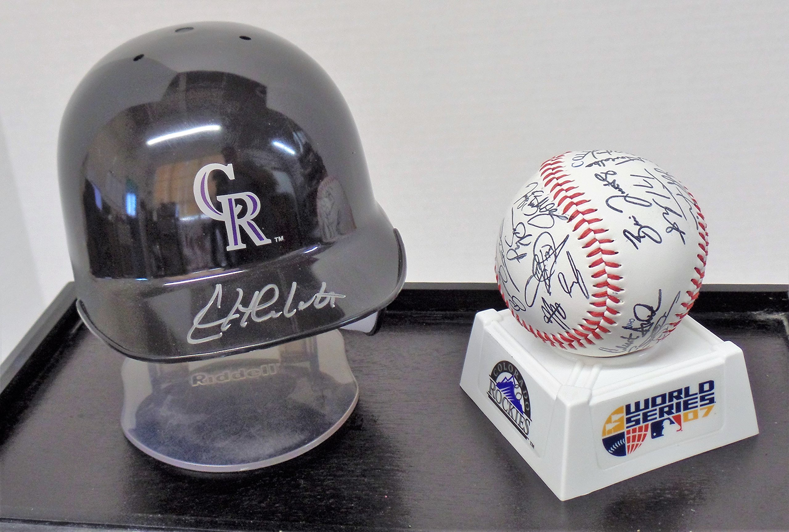 AUTOGRAPHED CHRIS IANETTA MINI BASEBALL HELMET INCLUDES COLORADO ROCKIES FOTOBALL COMMEMORATING THEIR WORLD SERIES APPEARANCE IN 2007 - HELMET AND BALL ARE ENCASED IN DISPLAY AS SEE IN PHOTOS & CERTIFICATE OF AUTHENTICITY INCLUDED (2007 COLORADO ROCKIES) FREE SHIPPING, INSURANCE AND TRACKING