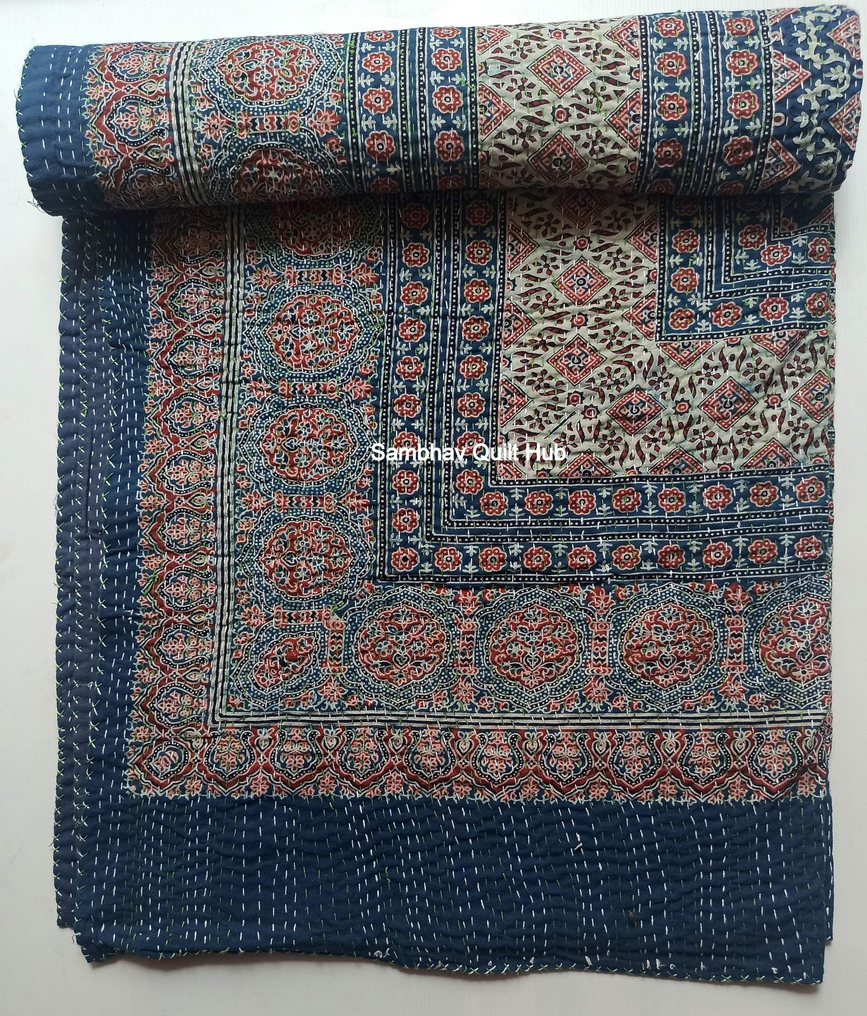 Hippie Queen Ajrakh Kantha Quilt Handmade Bohemain Bedspread King Size Vegetable Dye Kantha Blanket Bedcover Boho Quilting Indigo Print Ajrakh Cotton Kantha Quilt 90X108 inch