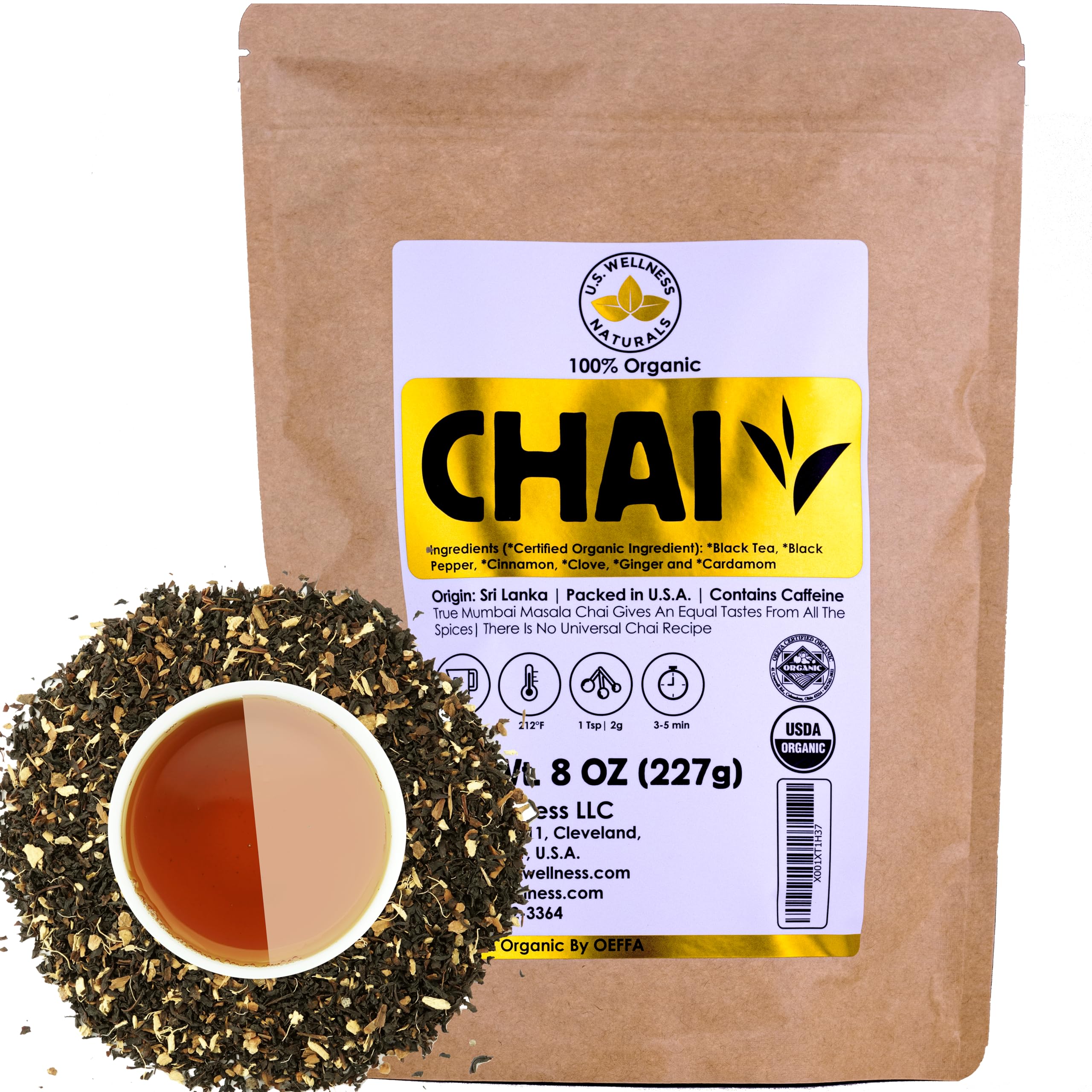 Classic Chai Tea Loose Leaf | CEYLON (110+ Cups) | 100% CERTIFIED ORGANIC Chai Ingredients| Black Tea, Cinnamon, Cardamom, Cloves & Black Pepper | Brews Chai Latte | Ancient Indian House Recipe | 8oz