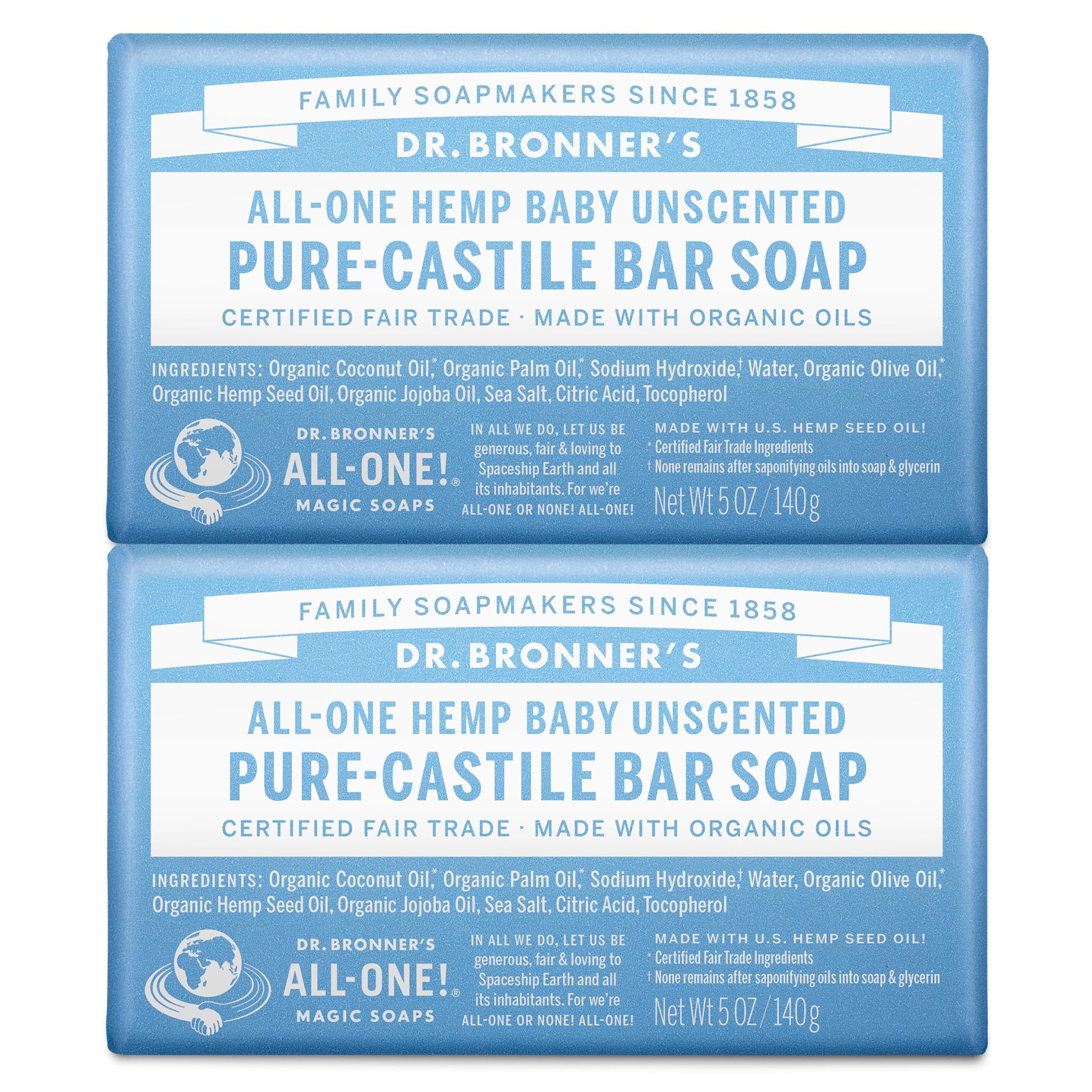 Dr. Bronner'sPure-Castile Baby Unscented Bar Soap - Made with Regenerative Organic Certified Oils - For Face, Hand, Hair - Gentle on Sensitive Skin- All Natural Bar Soap for Men & Women -2 pack, 10oz