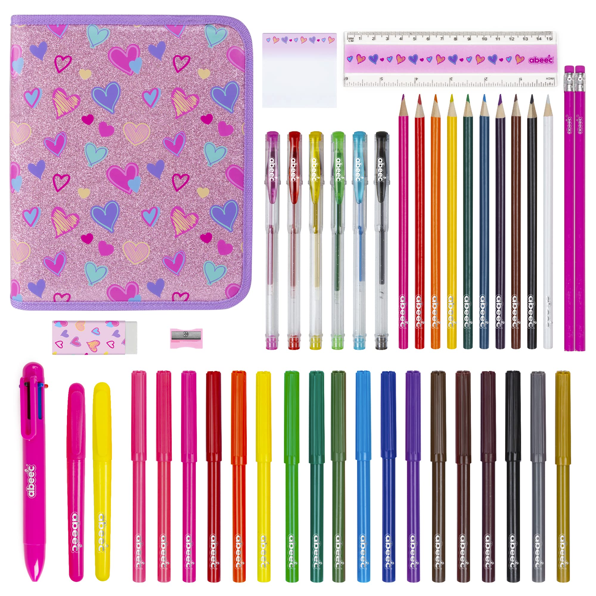 abeec44 Piece Glitter Pencil Case – Girls Stationery Set Including: Pencil Case, Felt Tip Pens, Colouring Pencils, Gel Pens – Stationary Sets for Girls - Back to School - Cute Gifts for Girls