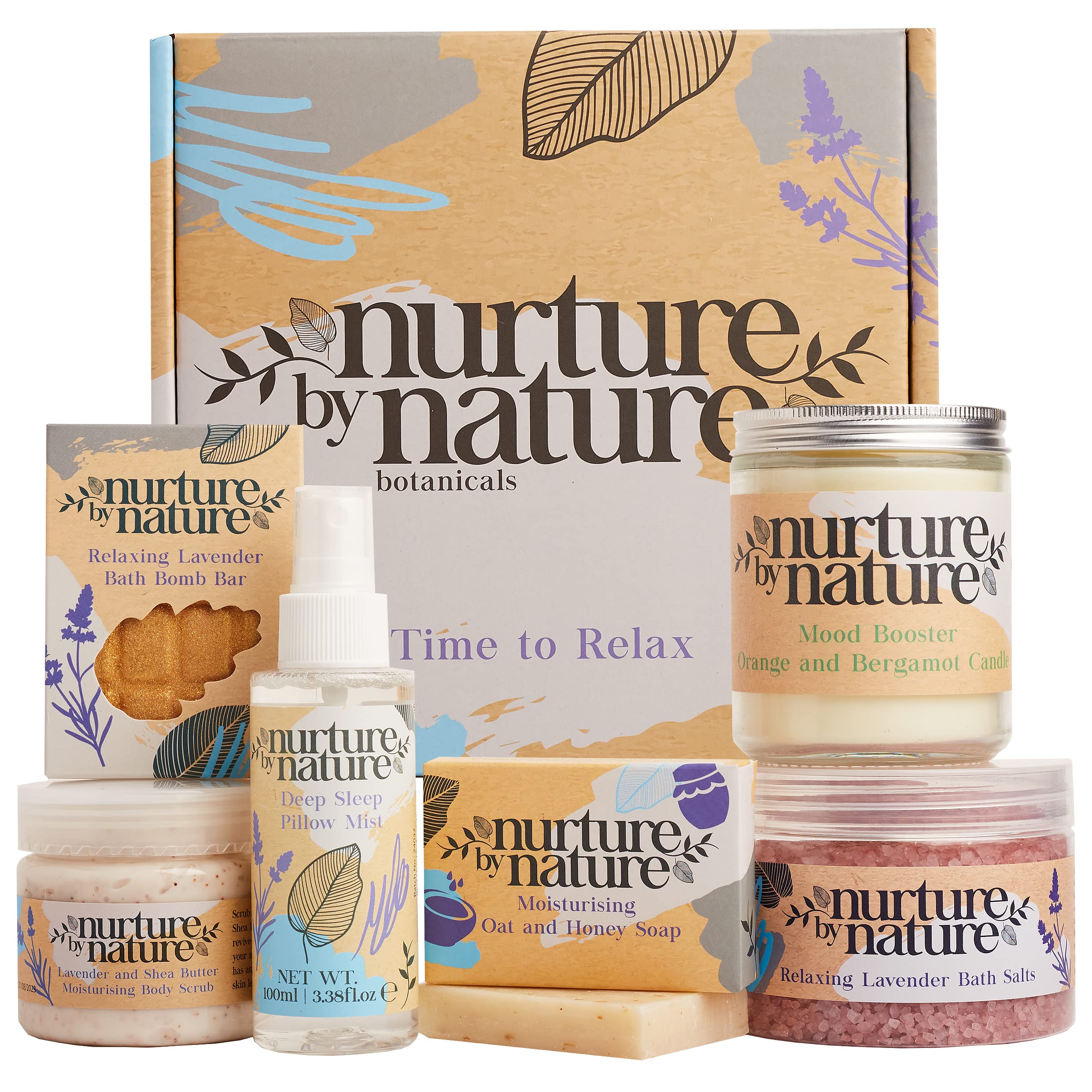 Nurture by Nature RELAX & CALM Pamper Gifts for Women Set - Lavender Pillow Mist, Bath Salts, Bath Bomb, Candle & More - Bath Set - Relaxation Gifts for Women - Pamper Sets for Women Gifts