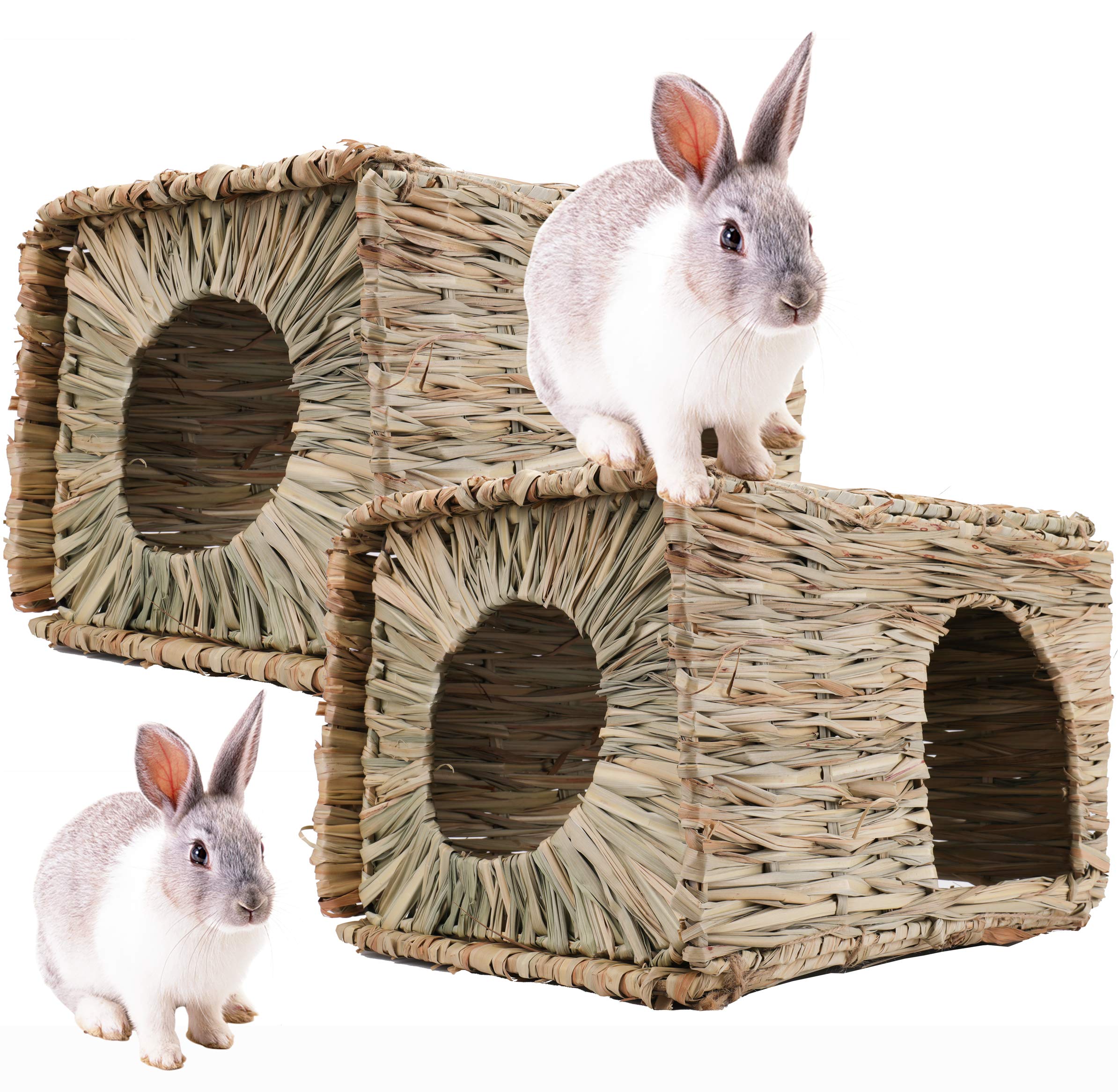 WUWEOT 2 Pack Large Grass Bunny House, Foldable Woven Animal Hut, Play Hideaway Bed Hay Mat Chew Toy for Rabbit, Guinea Pigs, Gerbils, Hamster and Small Animals, 11"x8"x8"