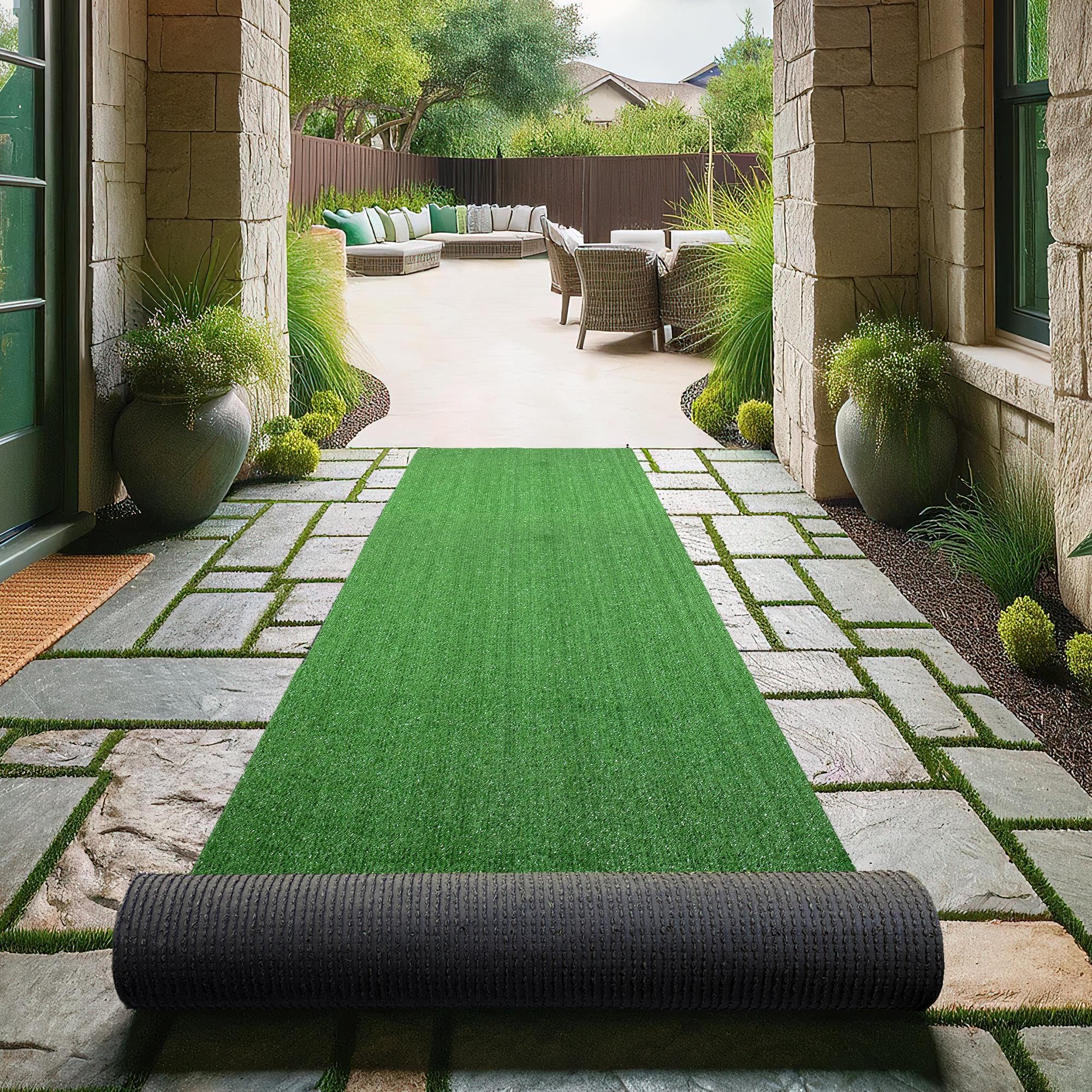 Sweethome Meadowland Collection Indoor and Outdoor Green Artificial Grass Turf Runner Rug 3'0" X 7'3" Green Artificial Grass/Pet mat with Rubber Backed