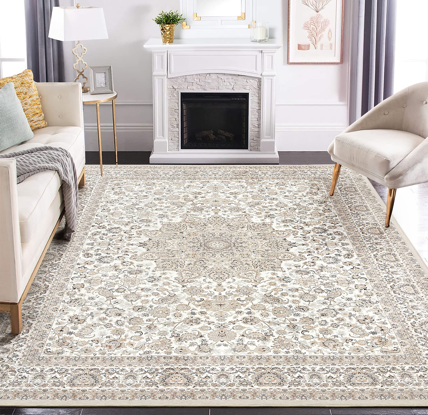 Area Rug Living Room Rugs: 3x5 Machine Washable Non Slip Thin Carpet Soft Indoor Luxury Floral Stain Resistant Carpets for Under Dining Table Bedroom Farmhouse Nursery Home Office Beige