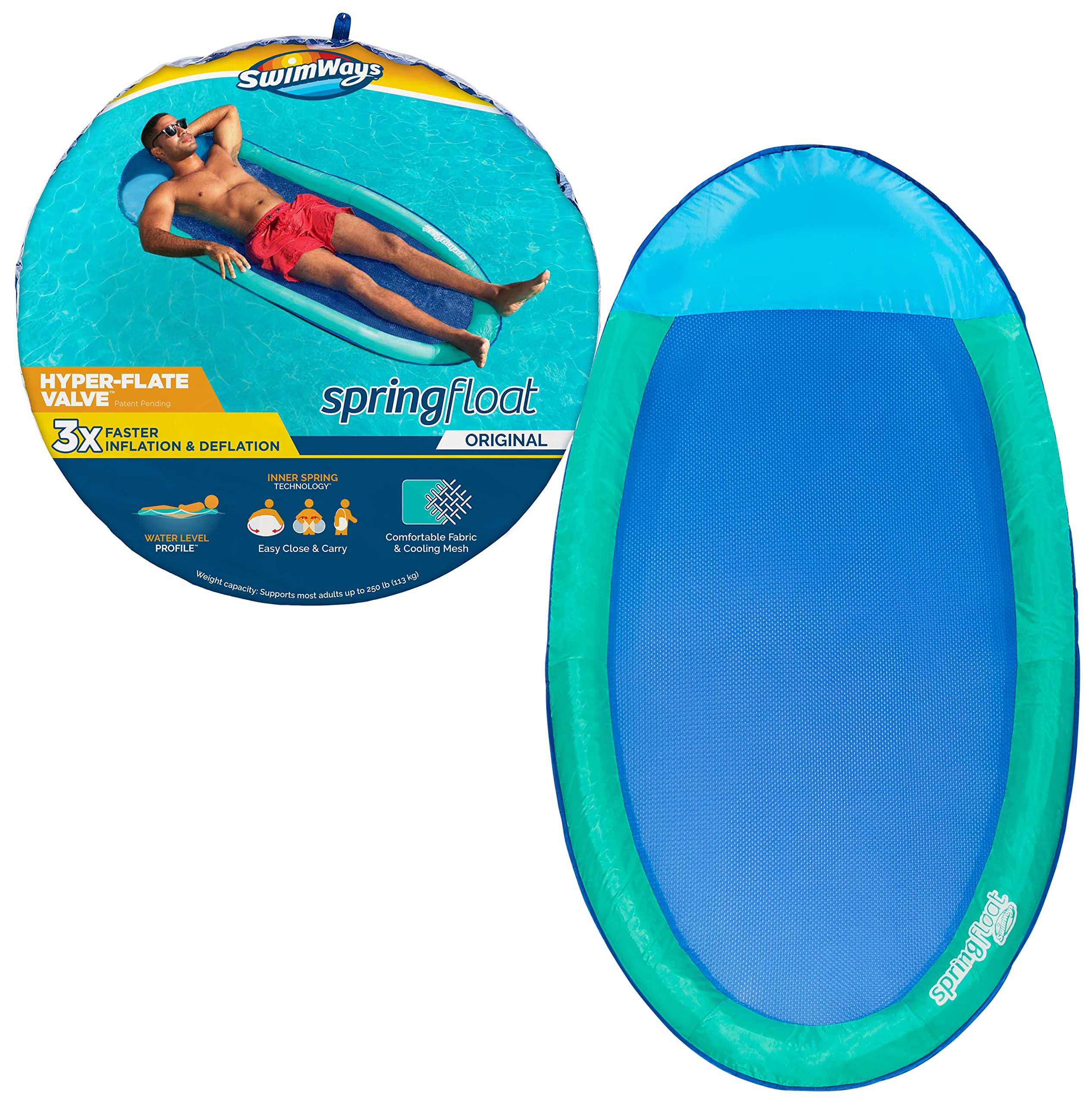 SwimWays Spring Float Original Pool Lounge Chair, Inflatable Pool Floats Adult with Fast Inflation & Head Rest for Ages 15 & Up, Aqua