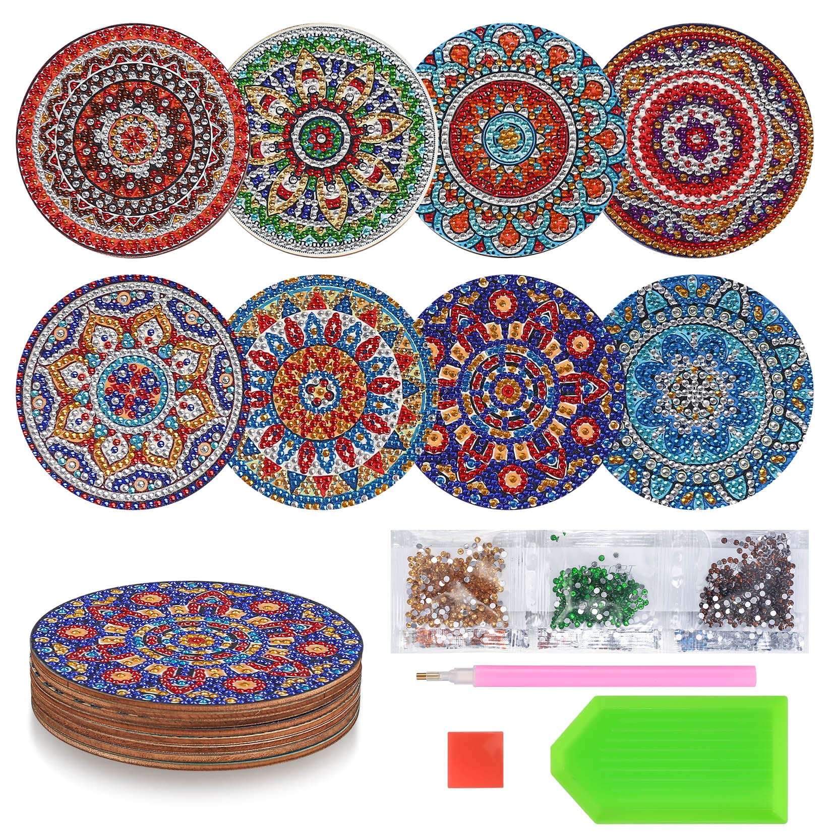 8 PCS 5D DIY Diamond Crafts Painting Coasters, Round Diamond Art Cup Drink Coasters with Mandala Pattern, Adult Crafts