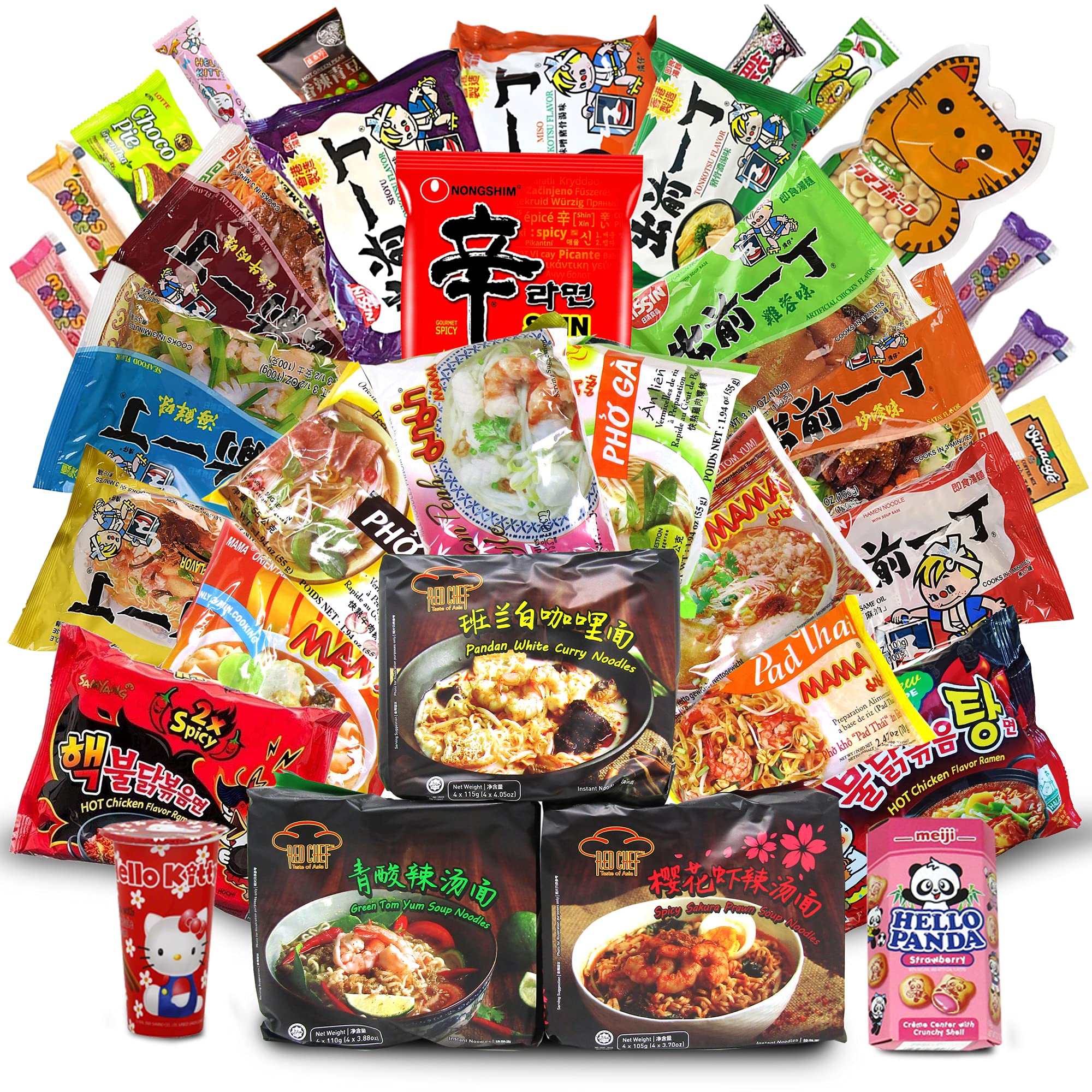 Variety Asian Instant Ramen Bundle, Samyang, Nissin, Hao Hao, Nongshin, Mama | Free Snacks Included,10 Packs Student Care Package, Birthday Treat for Adults