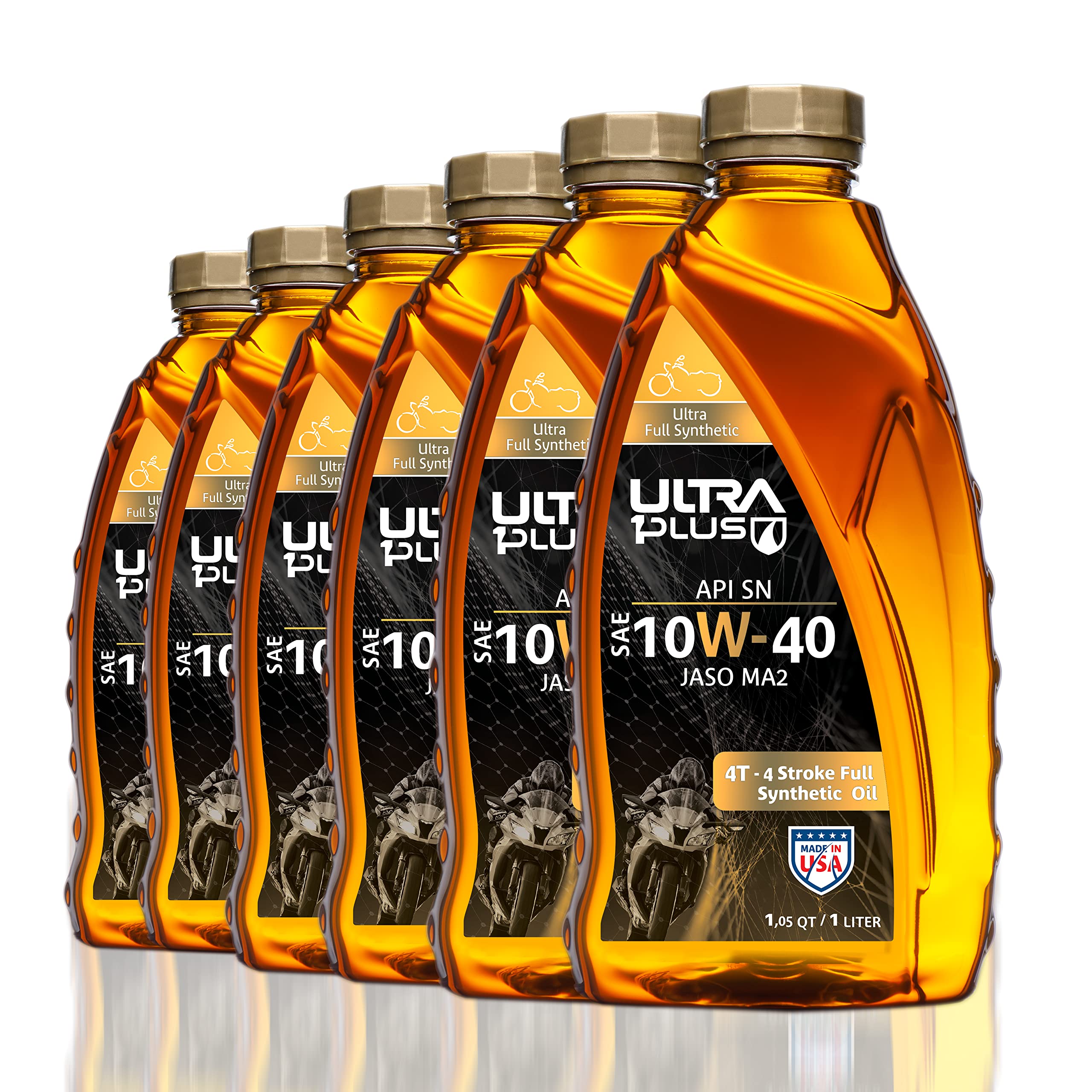 Ultra1Plus 4T 10W-40 Full Synthetic Motorcycle Oil API SN JASO MA2-10W40 Motor Oil, 6 QTS