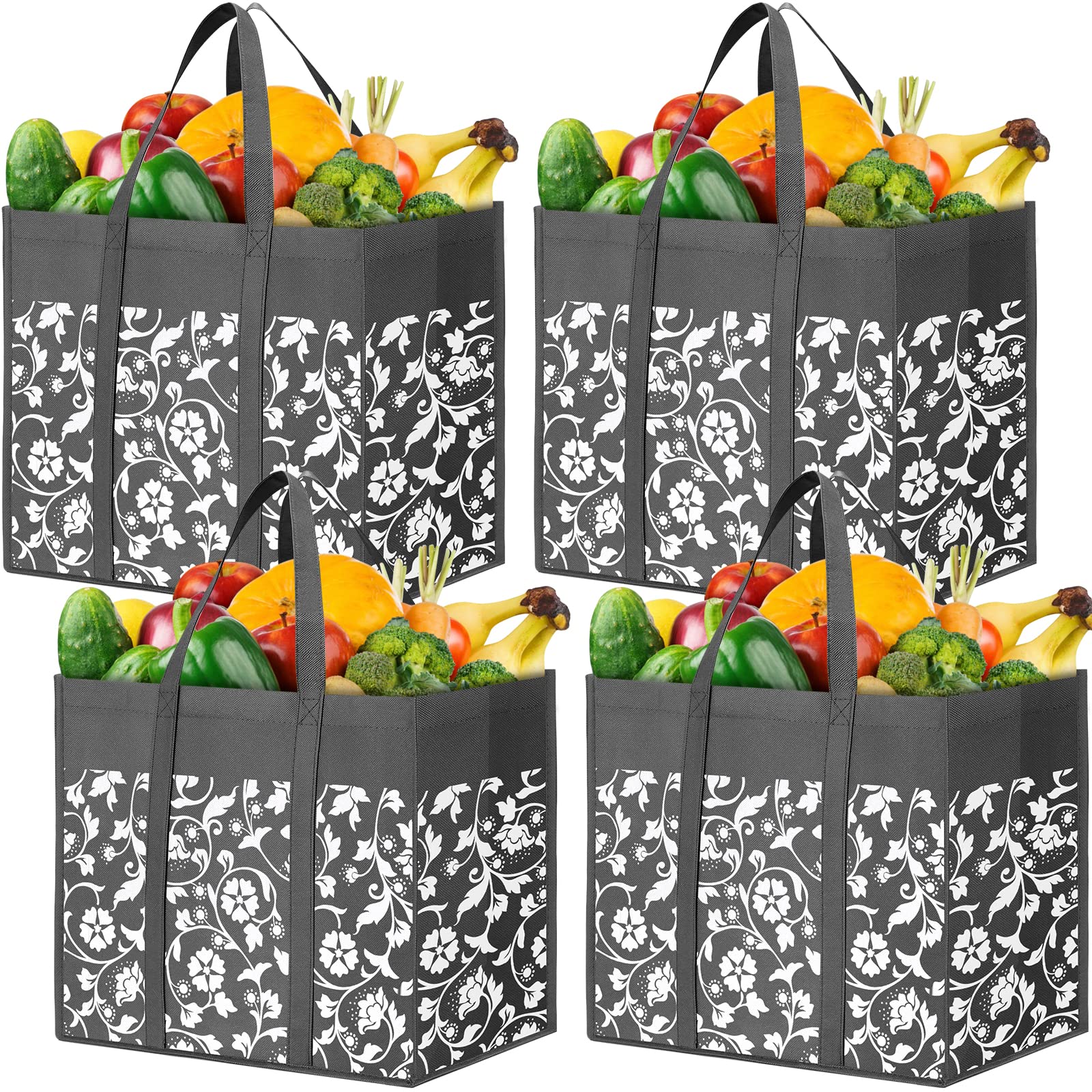 WOWBOX Reusable Grocery Bags Foldable Tote Bags Bulk with Reinforced Handles Shopping Bags for Groceries Heavy Duty Large Bags Kitchen Reusable Grocery Bags with Waterproof Coating 4-Pack, Grey