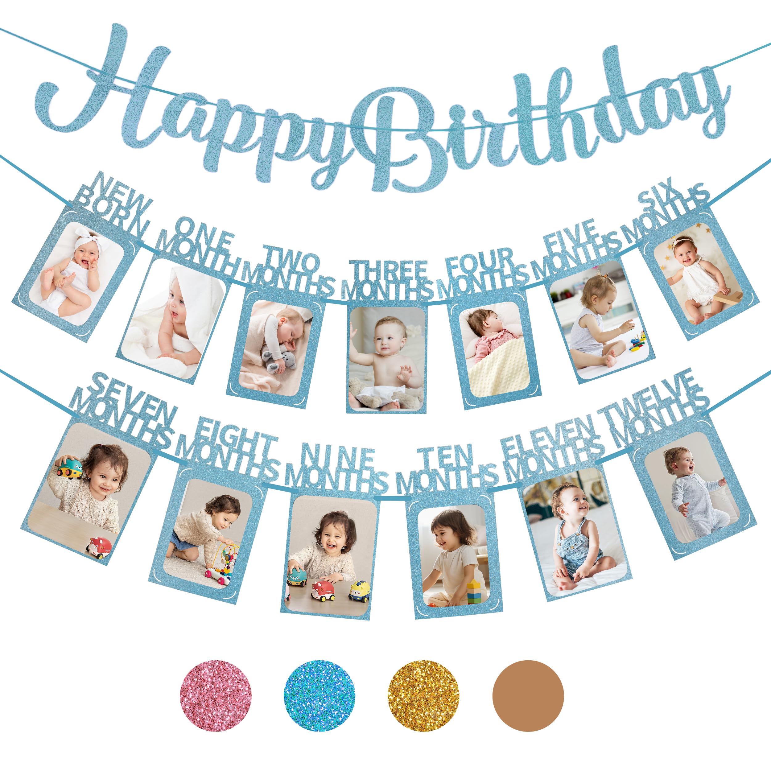 1st Birthday Photo Banner and Happy Birthday Banner for Boys Girls from Newborn to 12 Months, Pre-Strung First Birthday Monthly Photo Banner Decorations for Baby Shower, First Birthday Party (Blue)