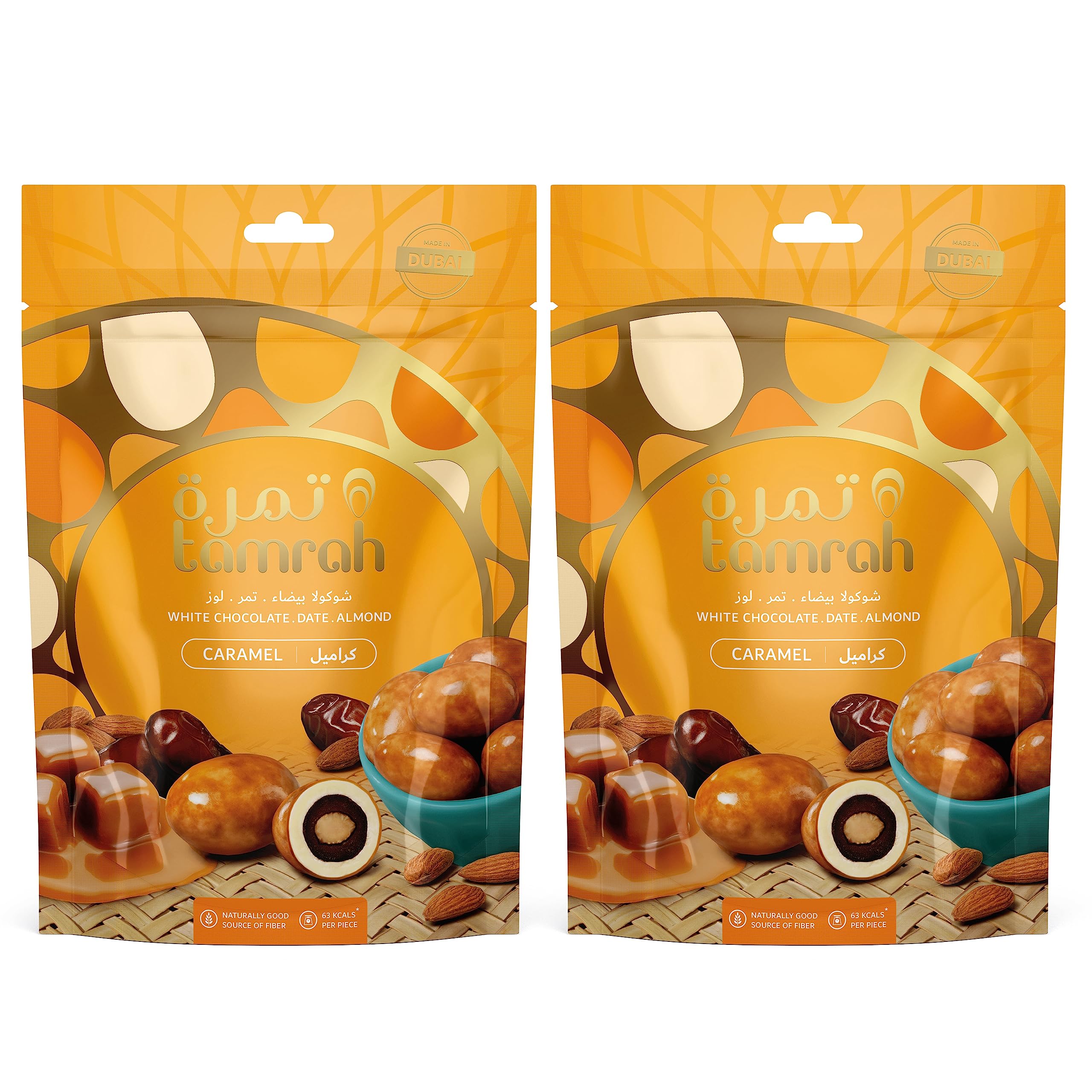 Tamrah Caramel Chocolate Dates and Almonds Zipper Bag 100gm, Buy 2. Ideal for Sharing, Gifting, Kids’ chocolate, Perfect for any Occasion.