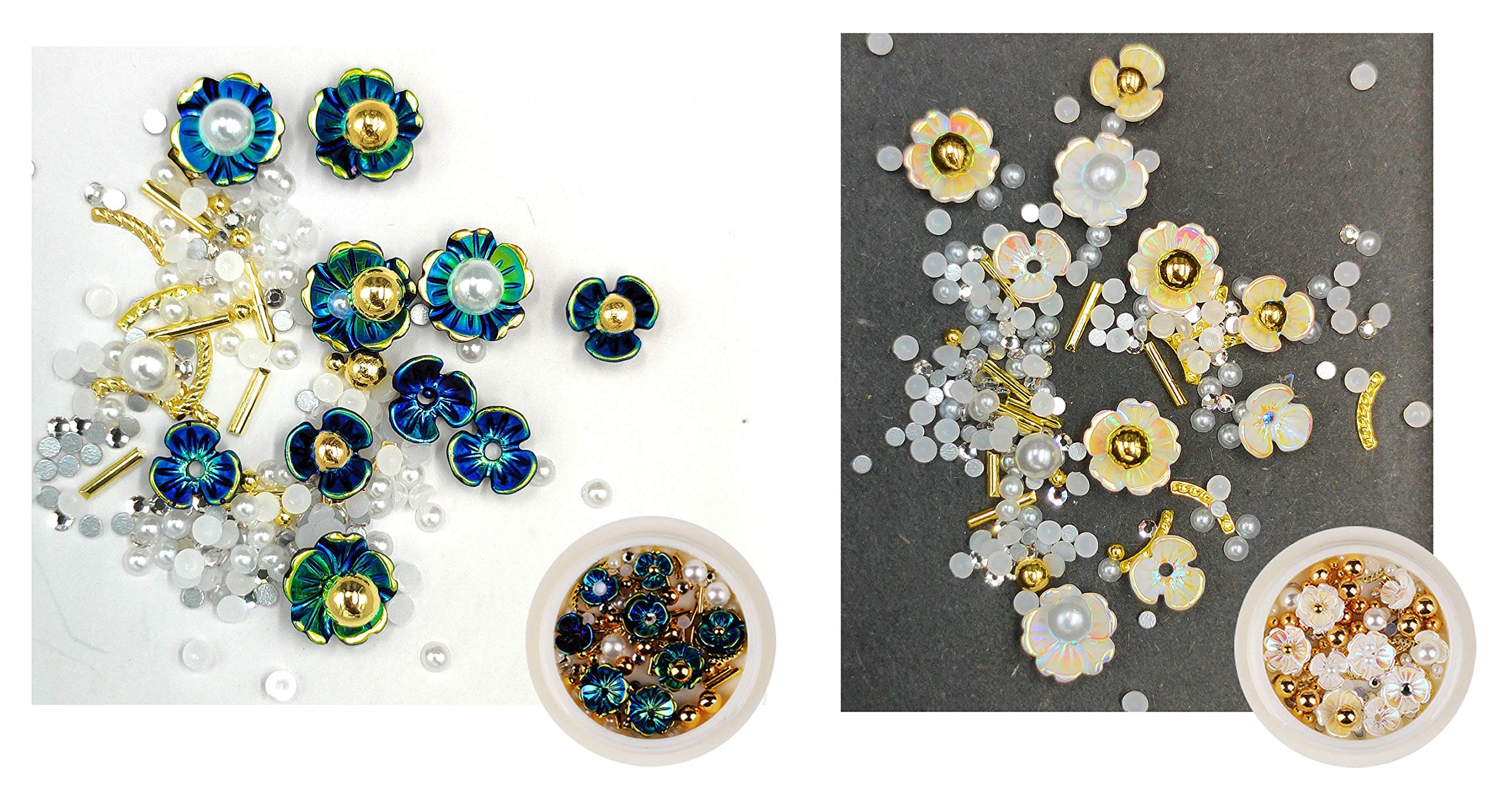 S.A.V.I (Set of 2) Nail Art Set Rivet Rhinestone Resin Decoration Shell Flower AB White Greenish Blue Pearls Golden Beads Mixed Sizes For Manicure, 10g each (Set-10)