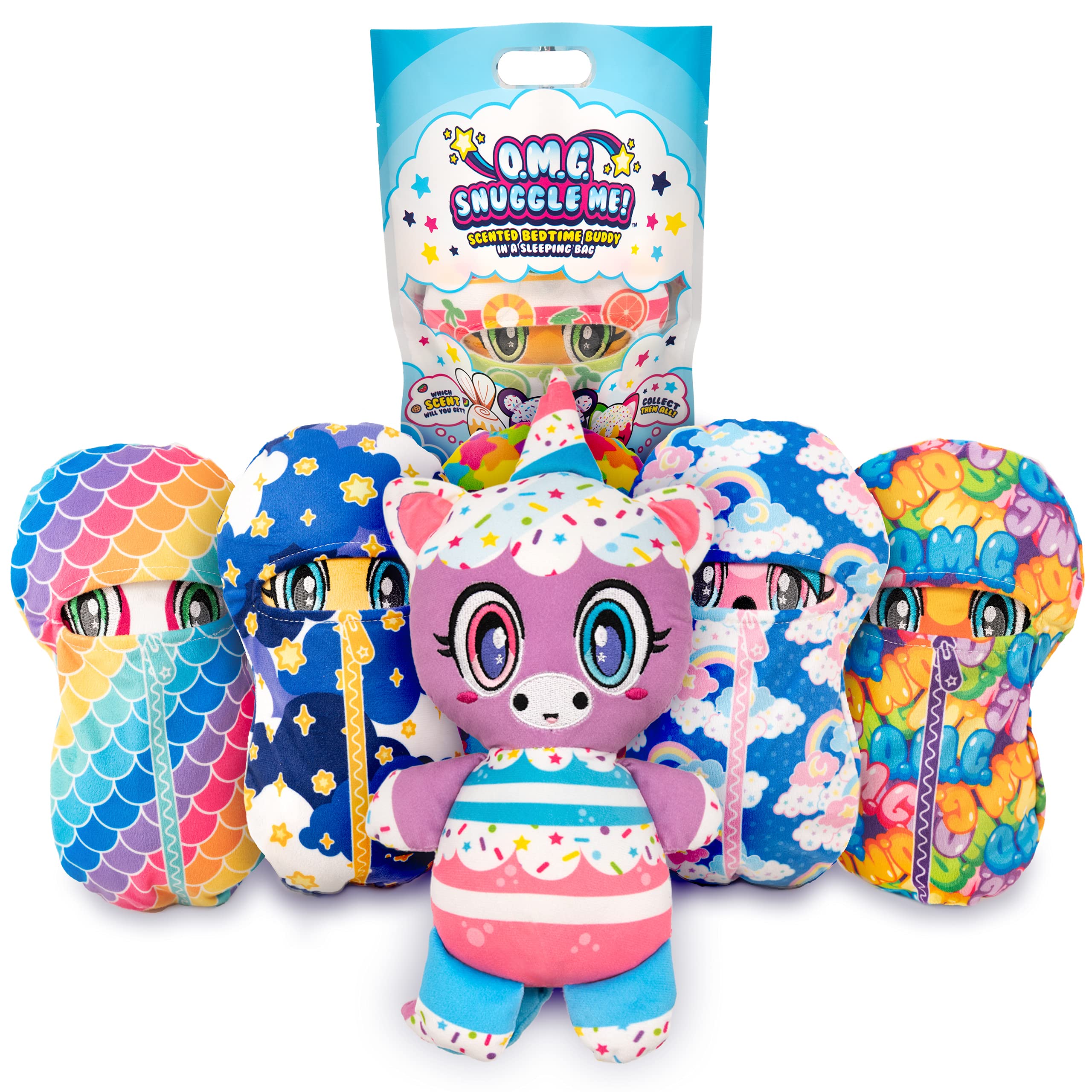 ScentcoOMG Snuggle Me! Bedtime Buddies (Sleeping Bag Series), Scented Surprise Collectible 10 inch Plush Toys (Mystery Blind Bag)