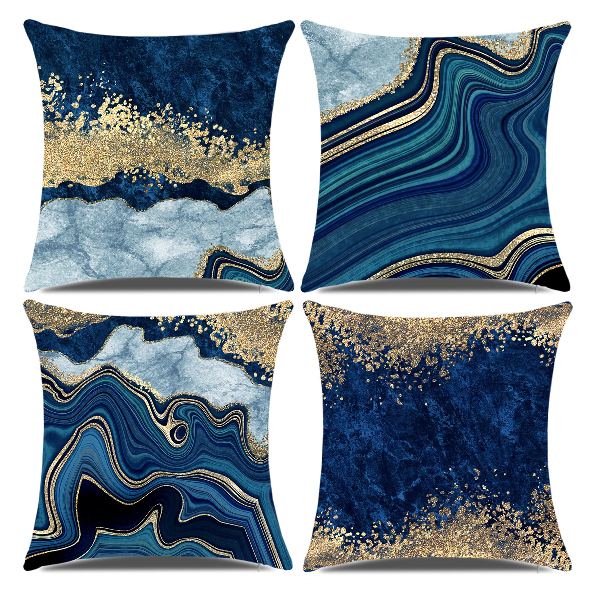 LDJRSY Decorative Pillow Covers, Navy Blue and Gold Marble Throw Pillow Cover,18x18 Square Blue Cushion Cover, Abstract Throw Pillows Case, Sofa Living Room Couch Home Decor Pillowcase Set of 4