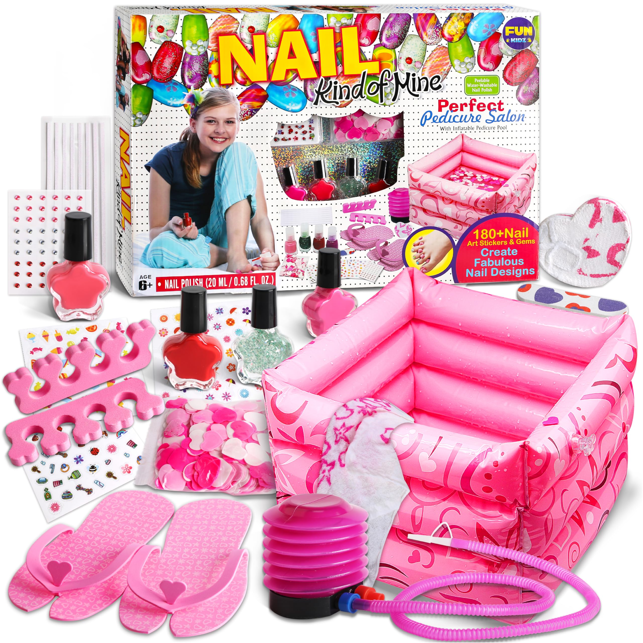 Kid Foot Spa Kit, Funkidz Pedicure Set for Girls Size 17.91Wx12.4L Box Includes Bigger Inflatable Durable Foot Tub Inflator Pump Peelable Nail Polish Supplies of Sleepover Slumber Party Kit