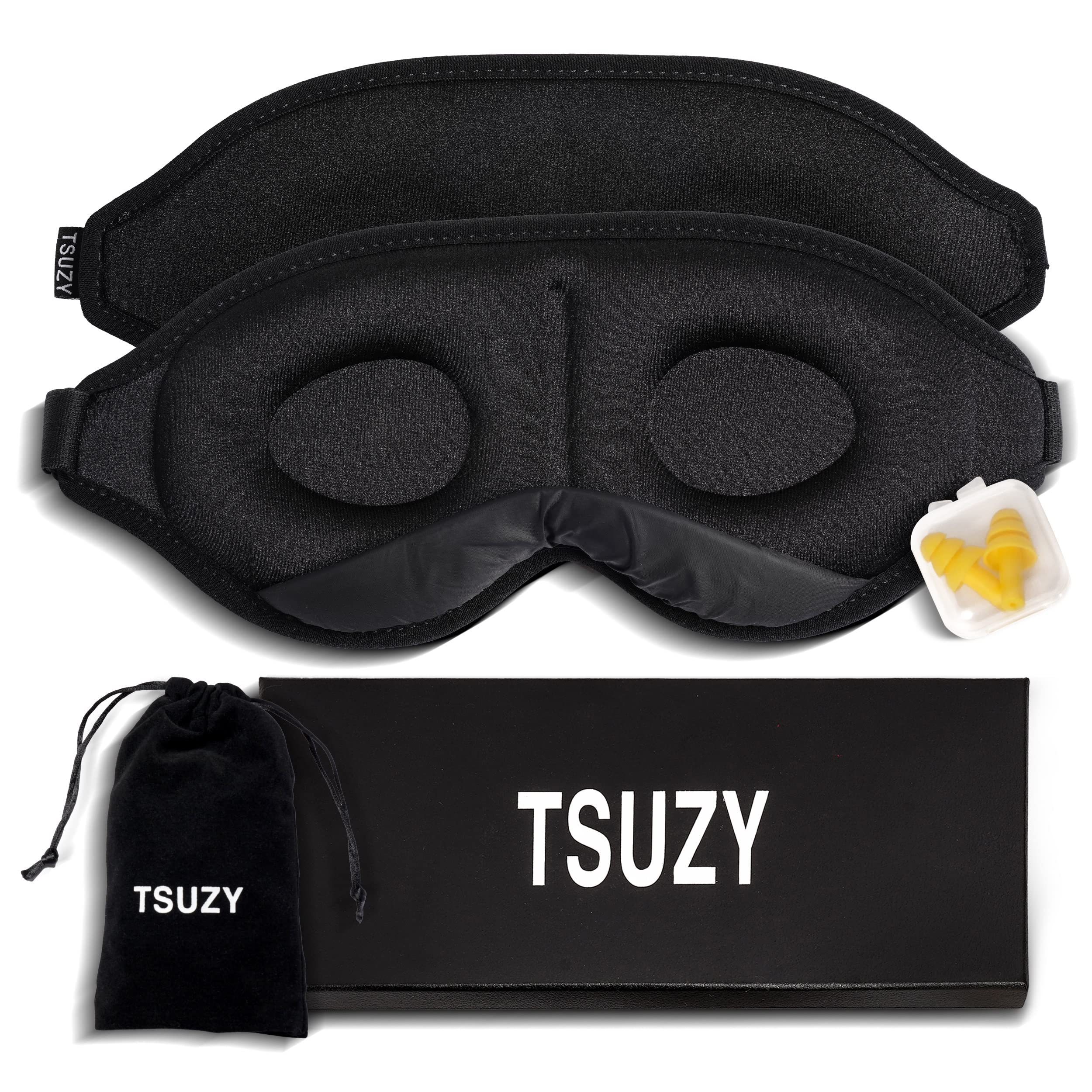 TSUZY Sleep Eye Mask for Sleeping-100% Blackout 3D Contoured Sleep Mask for Men & Women with Gift Box, Adjustable Strap, Earplug & Travel Pouch for Tavelling, Nap & Yoga (L)