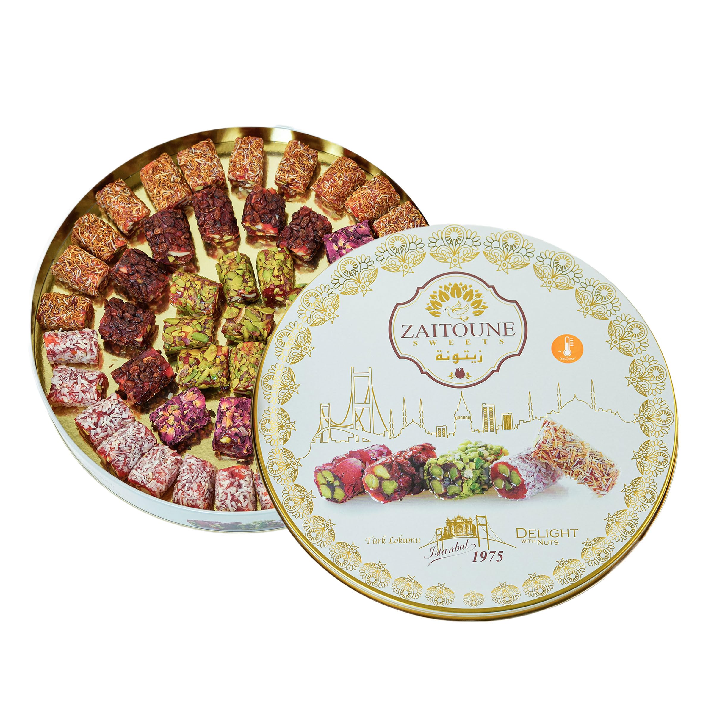 Zaitoune Premium Turkish Delight with Pistachio and Cashew - Handmade Turkish Sweet Variety Gift Tin - Authentic Vegetarian Turkish Lokum - Turkish Delight Gift Box (650g, Mixed)