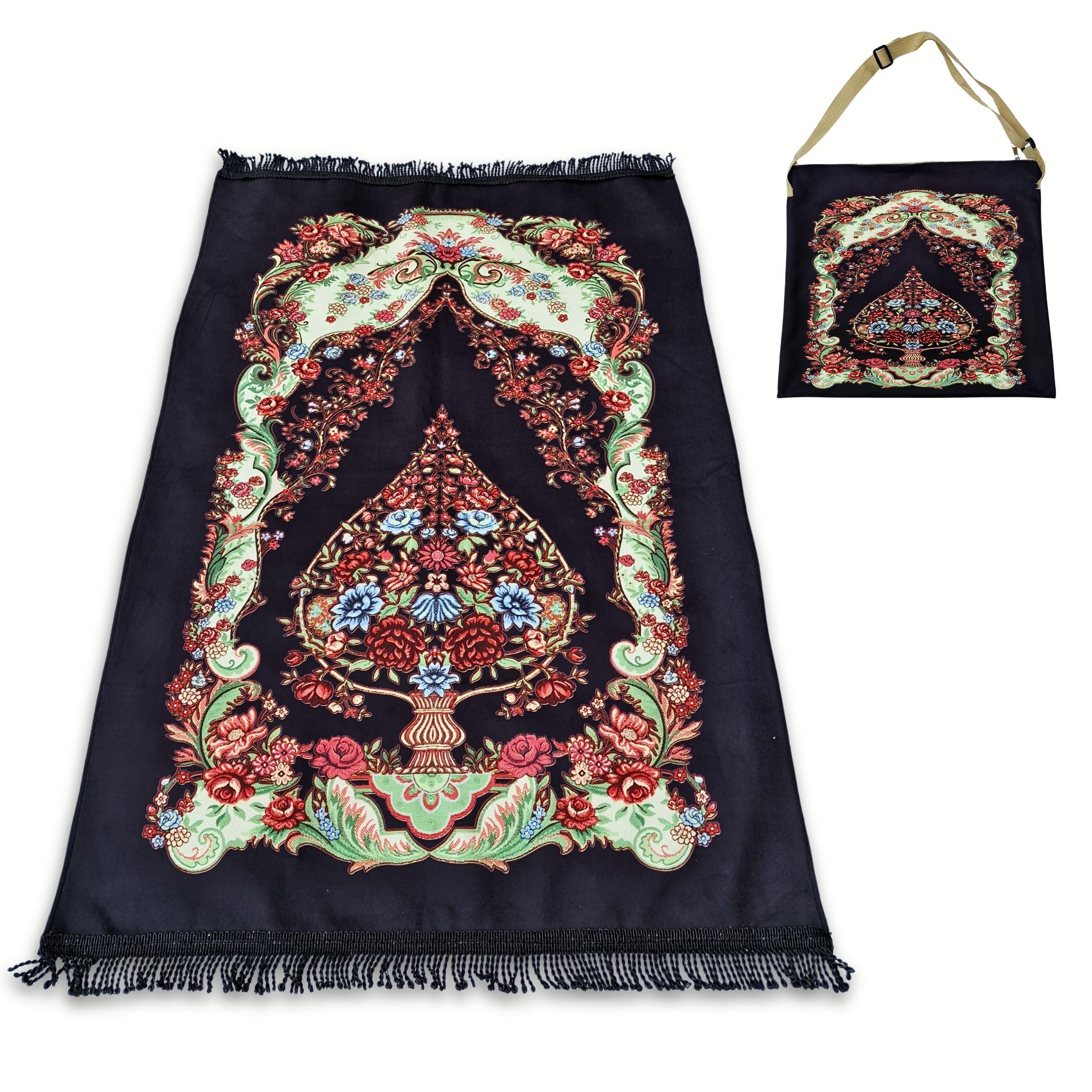 Muslim Prayer Mat + matching Bag lightweight Suede with Oriental Pattern Janamaz Sajadah Eid Gift 110 x 60cm Portable Prayer carpet Prayer rug Muslim (Black)