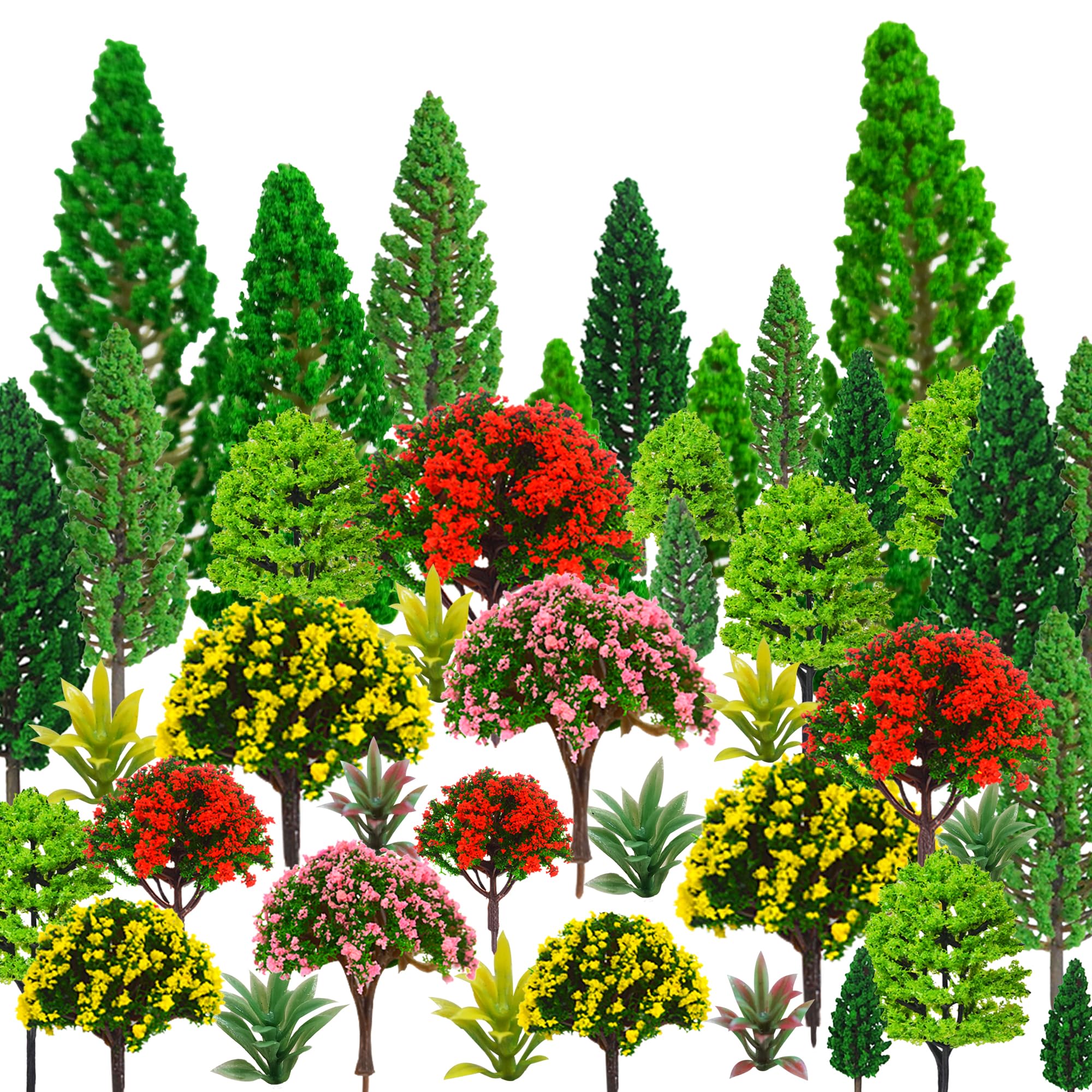 MOMOONNON 32pcs Model Trees 1.1-5.1inch Mixed Diorama Model Tree Colourful Flower Trees Grass Architecture Mini Trees for Crafts Building Model Railway Scenery Landscape Supplies (Style 01)