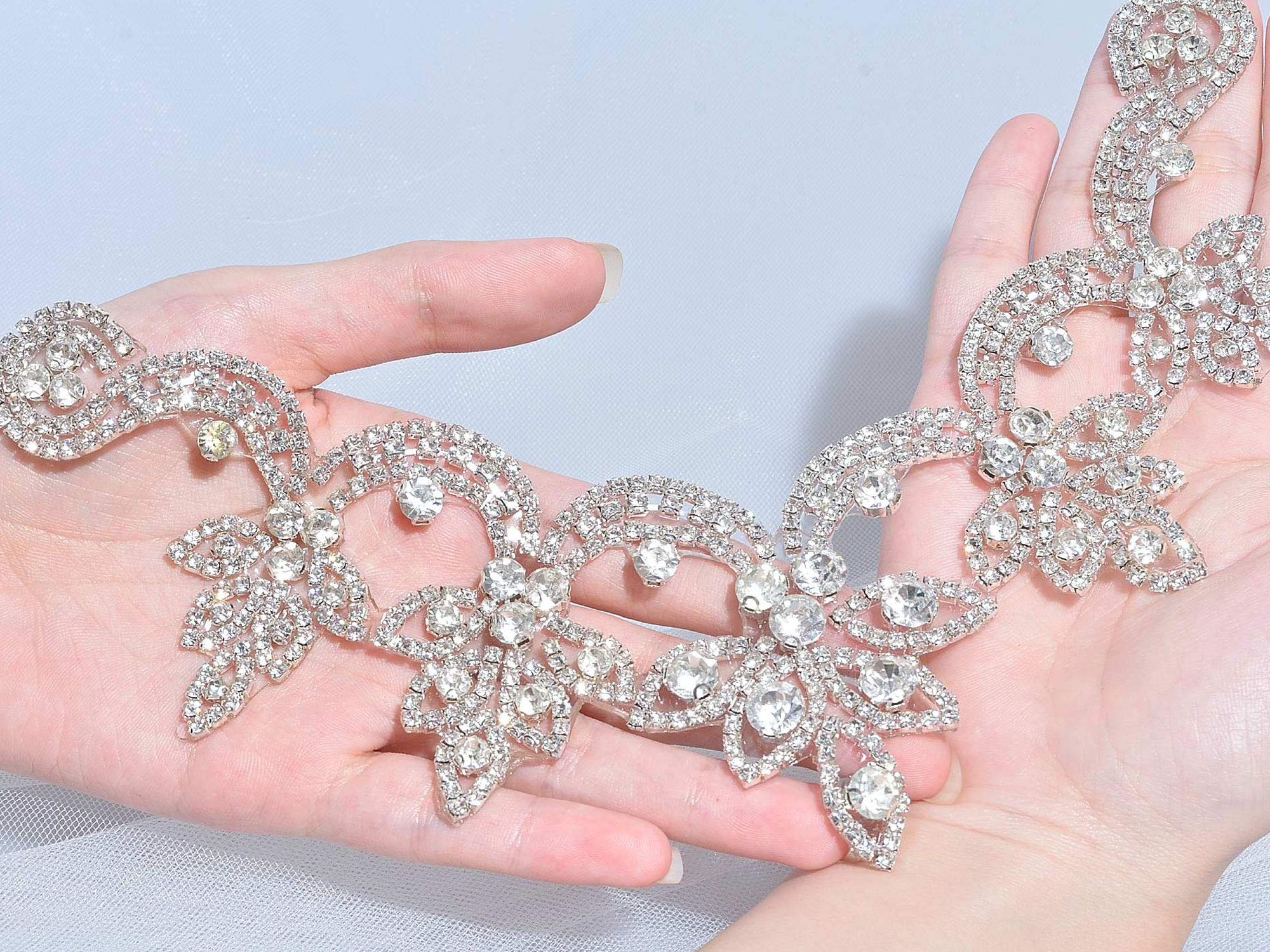 Delicate V-Neck Neckline Crystal Applique Iron on Diamante Appliques Bling Trims for Wedding Dresses Bridal Headband