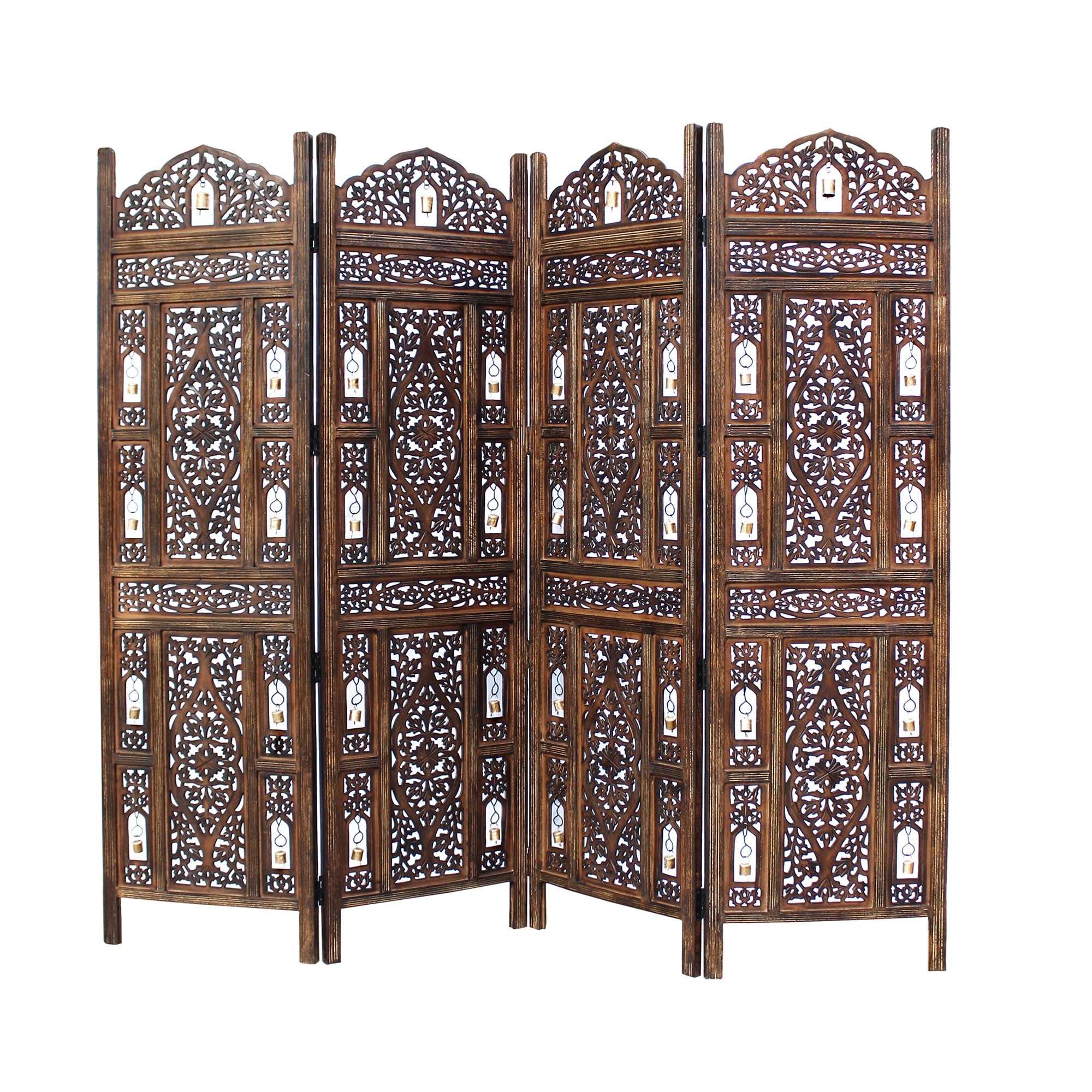 Room Divider Wood Screen - Ghanti Bells Antique Brown - 4 Panel Folding 72 x 80 - Assembled Hand Carved Decorative Functional Versatile Portable Partition Reversible Privacy Boho - COTTON CRAFT