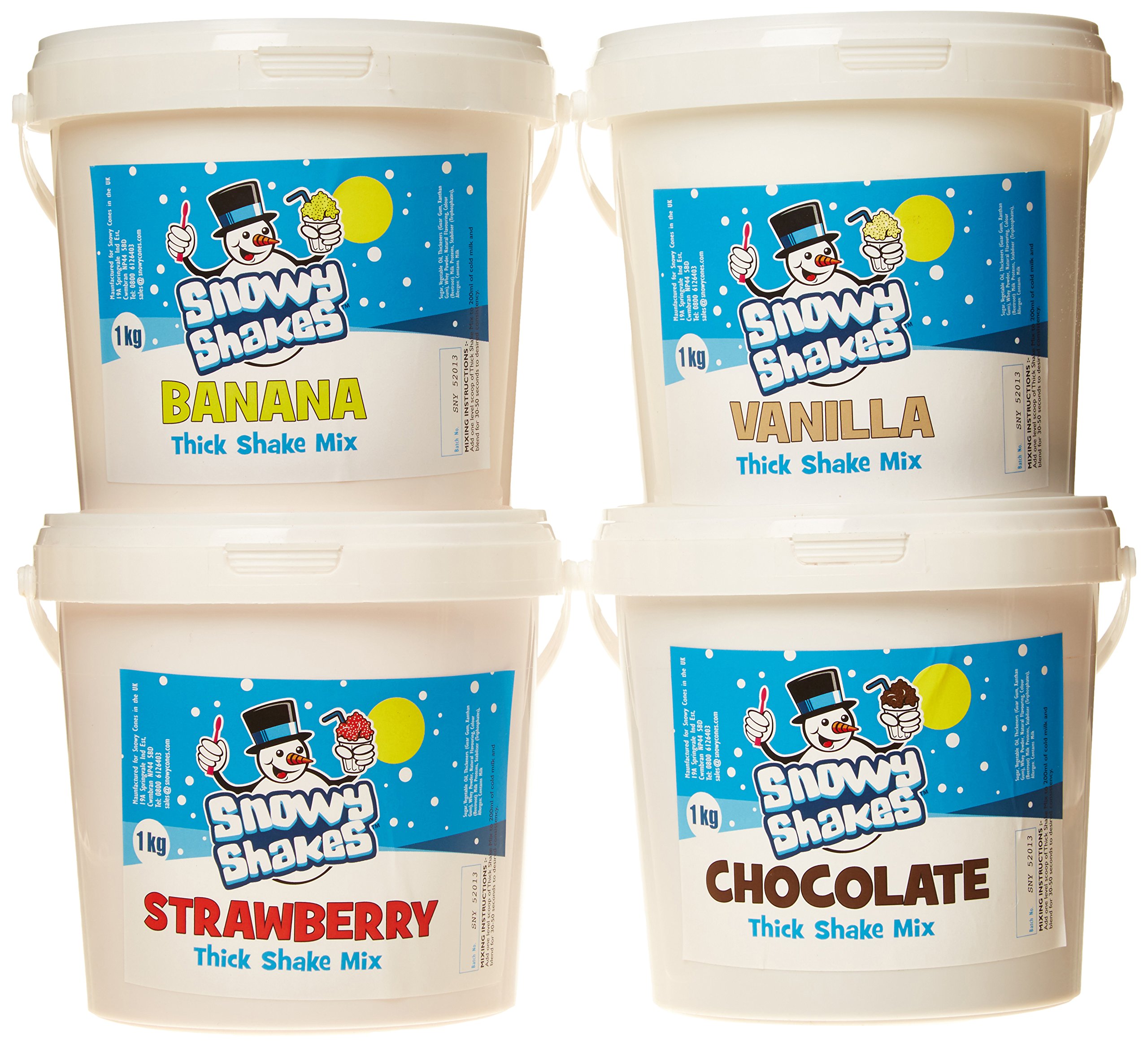 Snowycones Snowyshakes Chocolate/Strawberry/Vanilla/Banana Icecream textured Milkshake Thick Shake Powder 4 x 1kg (Pack of 4)