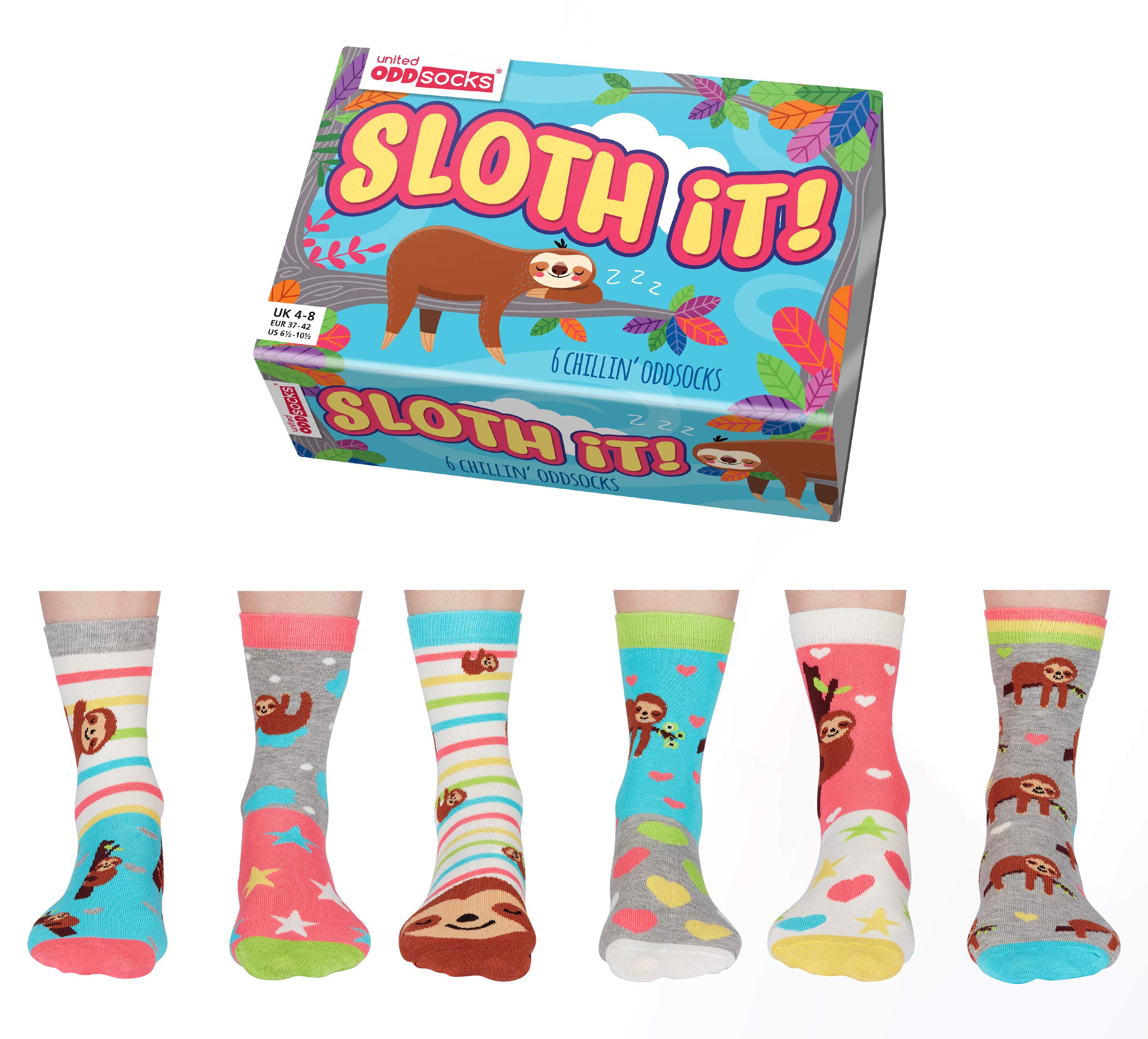 United OddsocksSloth It Ladies Box of 6 Odd socks - UK 4-8 EUR 37-42 US 6.5-10.5