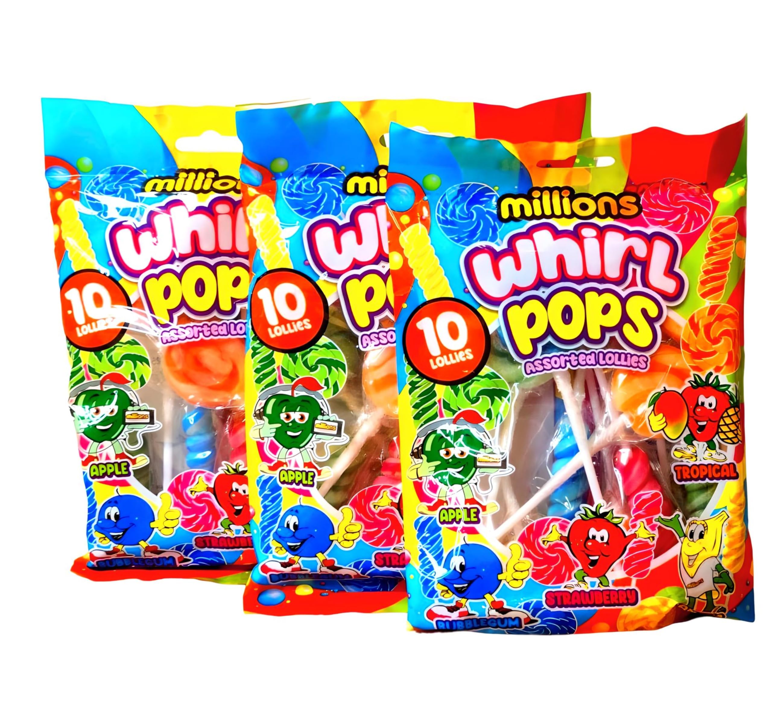 Millions Mini Whirl Pops Assorted Flavors, 3 Bag Bundle, 100g Each with 10 Lollipops Per Bag