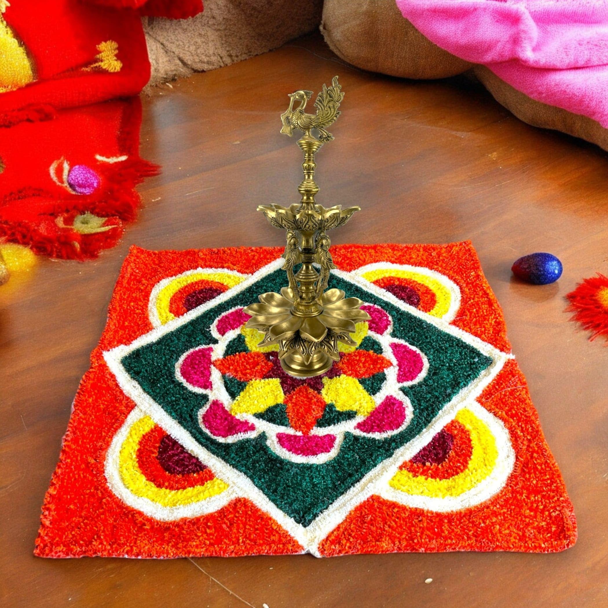 Faux Fur Yarn Wool Rangoli Mat Canvas Base Aasan Indian Traditional Puja Mat for Home Temple Decor - Multipurpose Pooja Festival Decorations Diwali Housewarming Gift (3 Ft Rectangular)