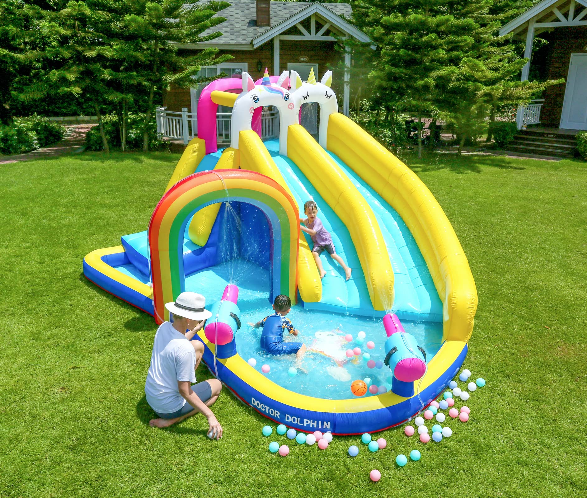 GT-WHEEL Inflatable Twin Water Slide for Kids Outdoor Play - Double the Fun (Unicorn Twin slide)