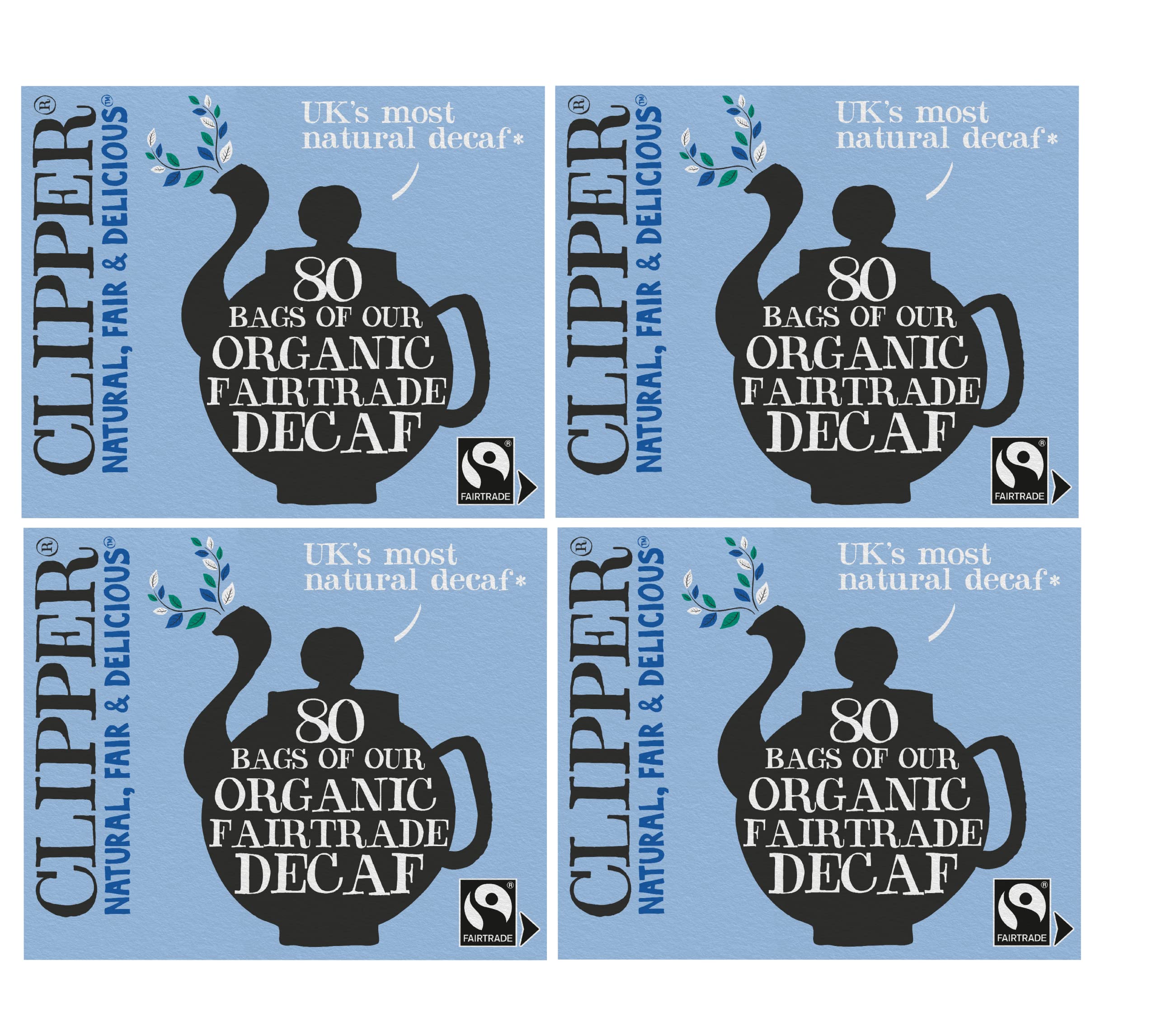 Clipper Tea Fairtrade Organic Decaf Unbleached, Plastic-Free Bags, 8.2 oz, 4 Pack, 320 Unbleached Tea Bags