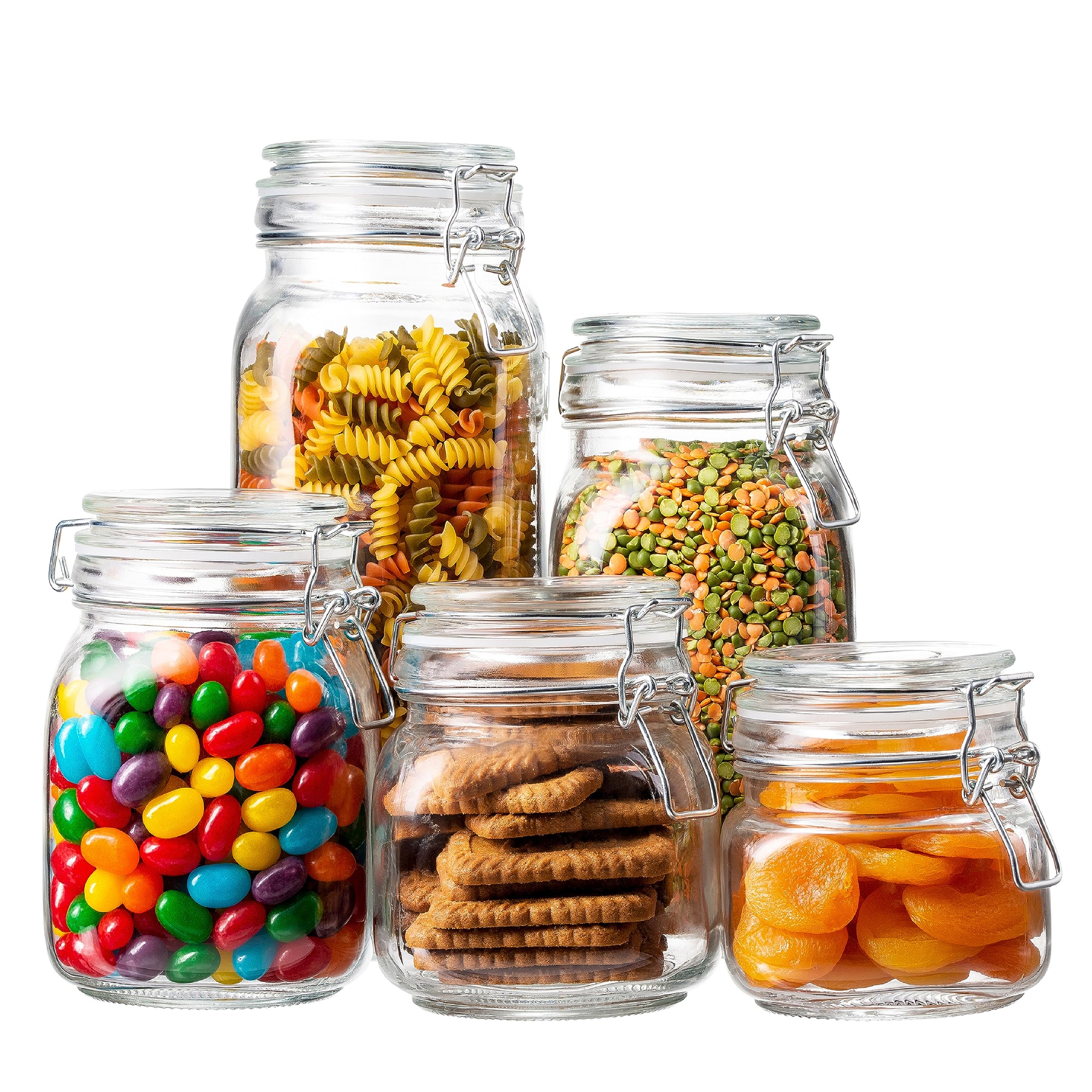 EatNeat Set of 5 Glass Storage Jars - Glass Canister w/Bail & Trigger Clasp Lid - Premium Food Storage and Canning Jars for Pantry Organization - Versatile Containers in Assorted Sizes, 17oz to 68oz