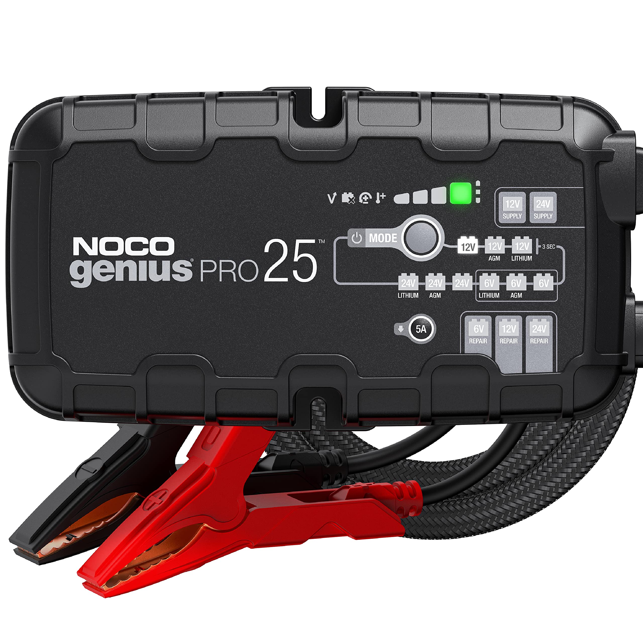 NOCOGENIUSPRO25, 25A Smart Car Battery Charger, 6V, 12V and 24V Portable Automotive Charger, Battery Maintainer, Trickle Charger and Desulfator for AGM, Lithium, Marine, Boat and Deep Cycle Batteries