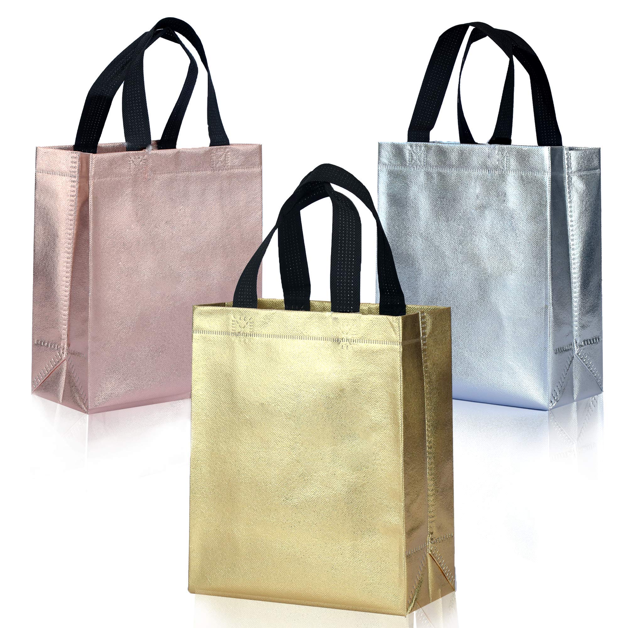 Nush Nush Luxury Mix Color Reusable Gift Bags Medium Size - Mix Color Set with 4 Rose Gold, 4 Silver, 4 Gold Gift Bags in Bulk - Birthday Gift Bags With Handles, Goodie Bags, Party Favor Bags - 8X4X10