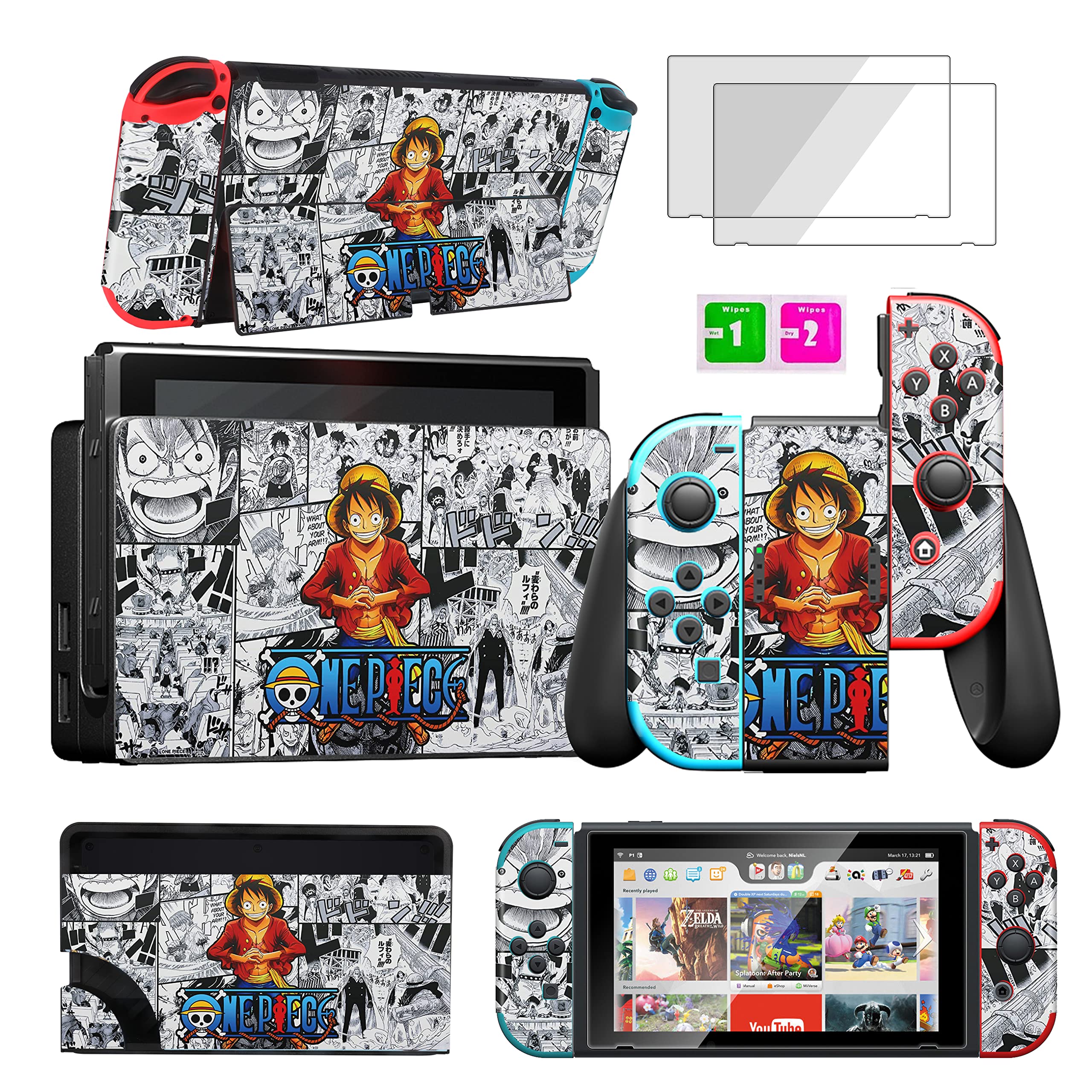 oqpa For Nintendo Switch OLED 2021 Skins Stickers for Girls Boys Kids Cute Kawaii Anime Cartoon Character Funny Design Decals with Tempered Glass Screen Protector for Nintendo Switch OLED (Hat Lufei)