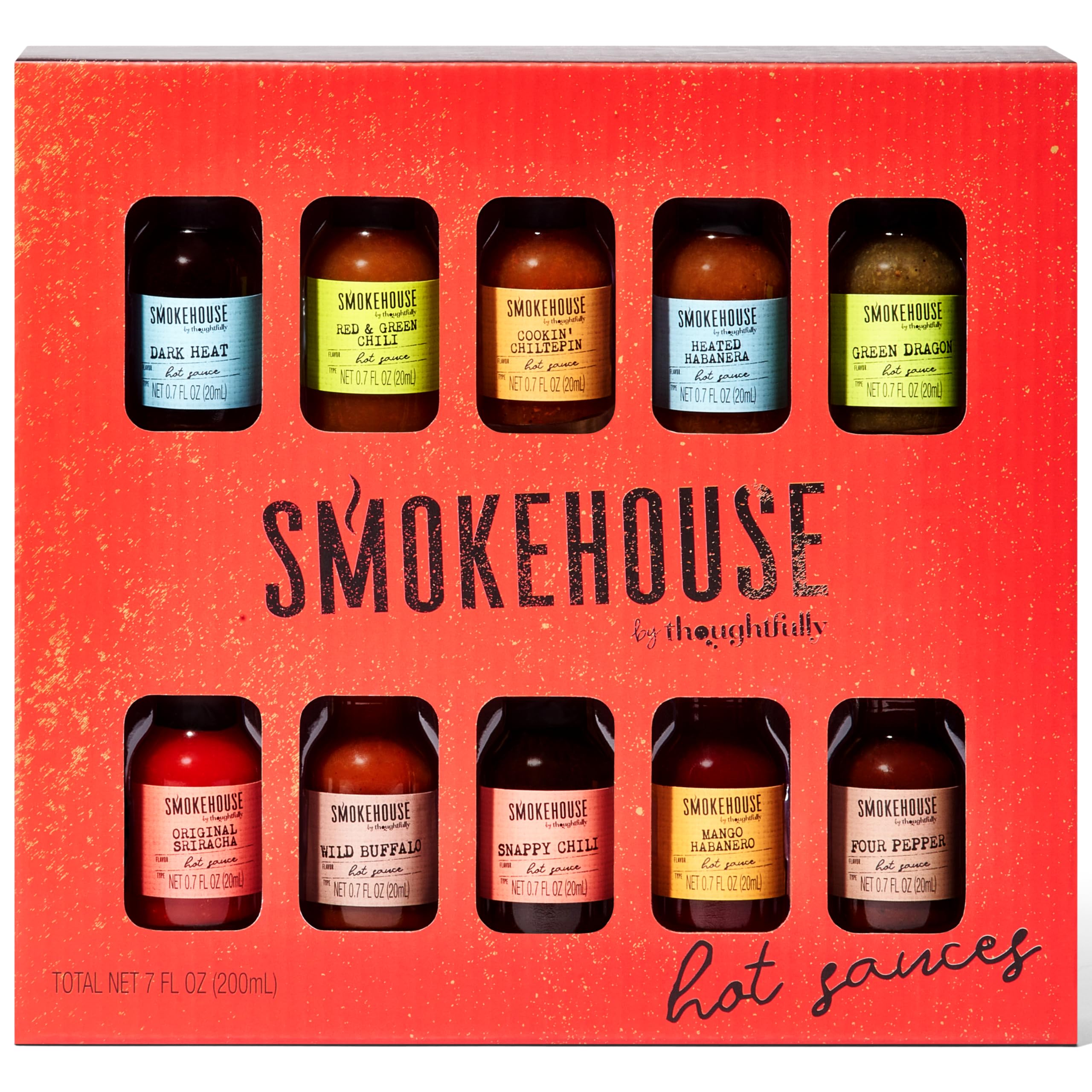 Smokehouse by Thoughtfully, Gourmet Hot Sauce Gift Set, Flavors Include Mango Habanero, Green Dragon, Wild Buffalo, Red & Green Chili and More, Variety Pack, Set of 10