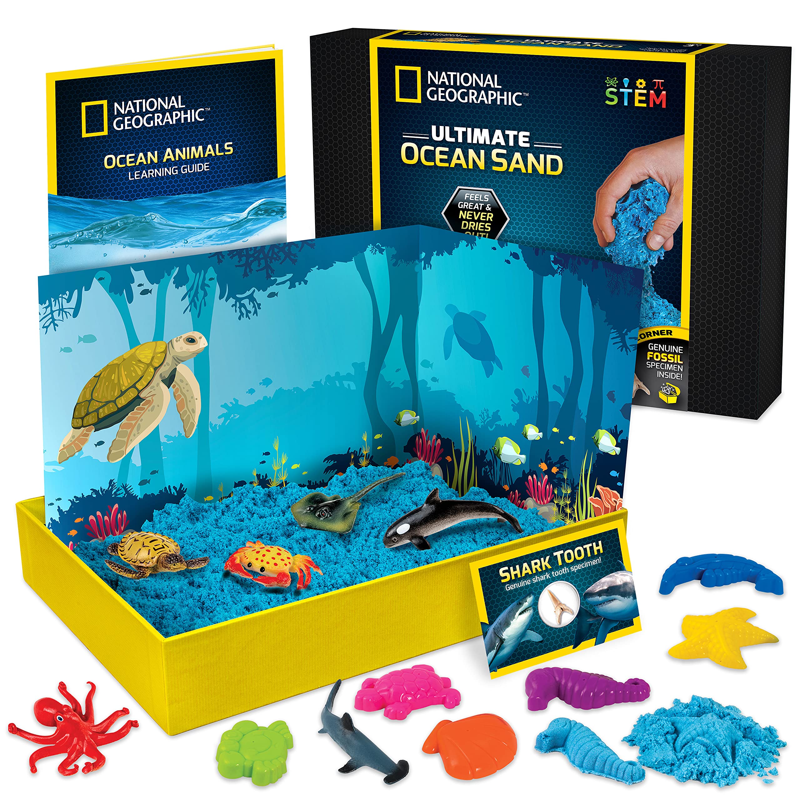 National Geographic Ultimate Ocean Kinetic Sand for Kids - Satisfying Kids Sand Toys with 6 Awesome Moulds and Figures | STEM Blue Sand for Children | Creative Toys for Girls and Boys | 2lbs