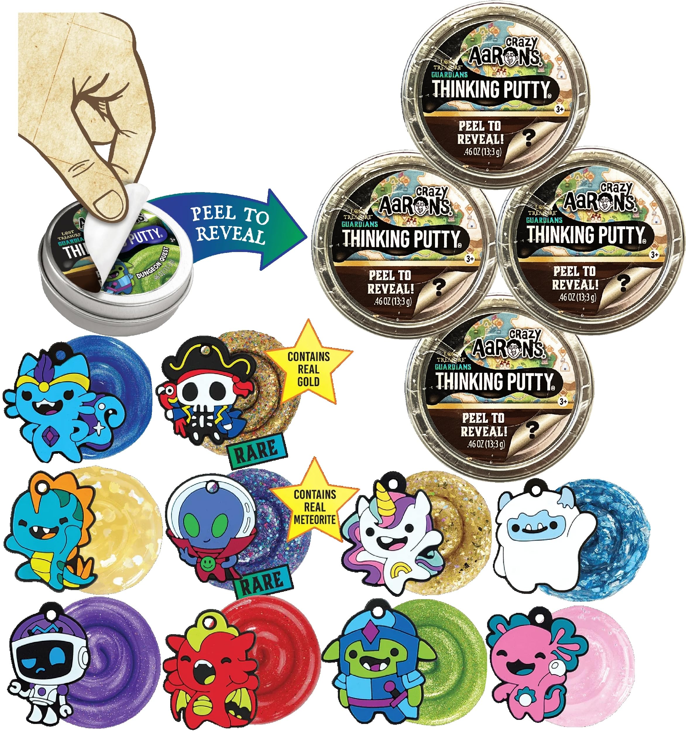 Crazy Aaron's Putty Mini Tins Lost Treasure Guardians Peel to Reveal Putty and Charms (Collect All 10) Gift Set Party Bundle - 4 Pack (.47oz Each) *Items are Assorted and May Contain Duplicates