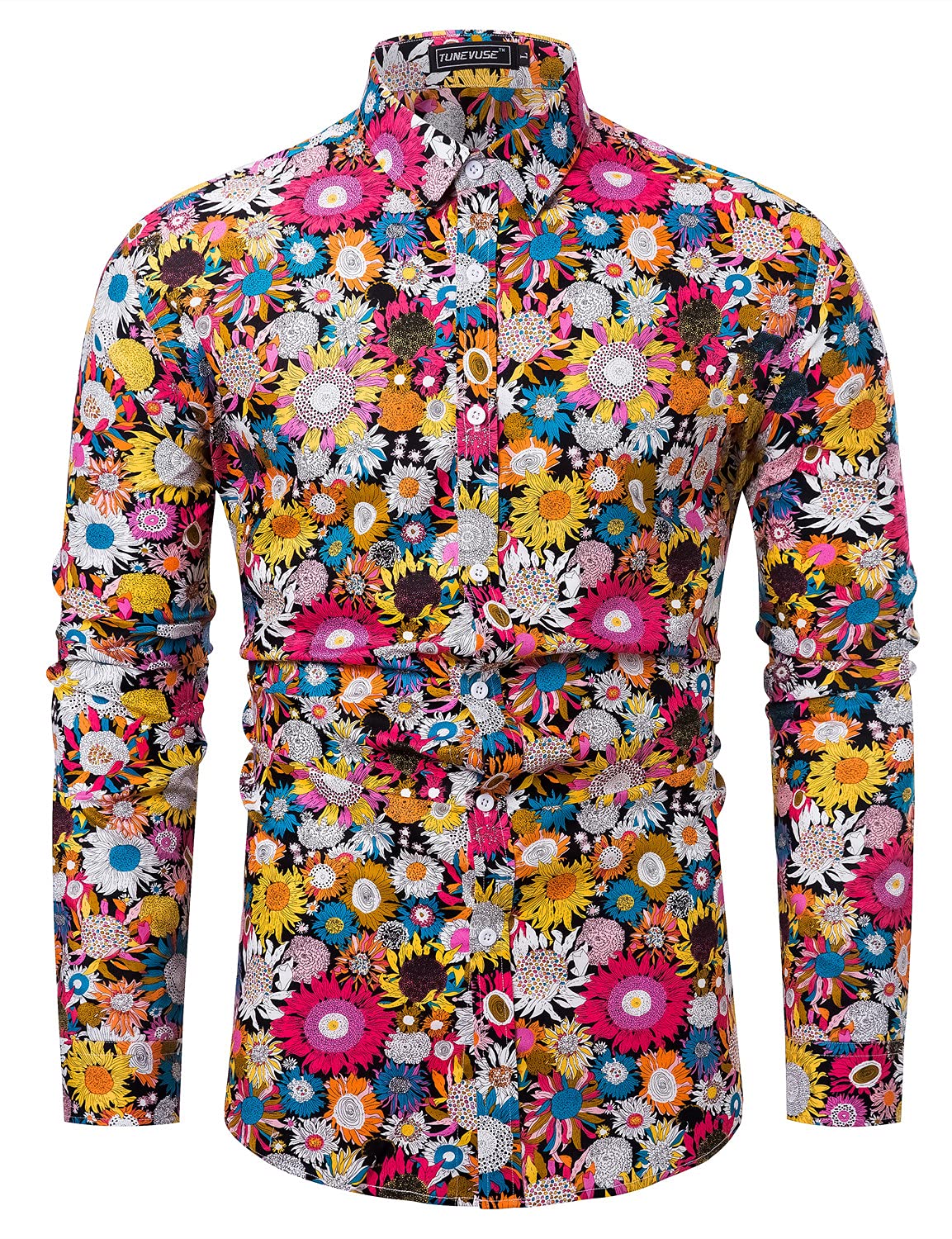 TUNEVUSE Men Floral Dress Shirts Long Sleeve Casual Button Down Flower Printed Shirts 100% Cotton