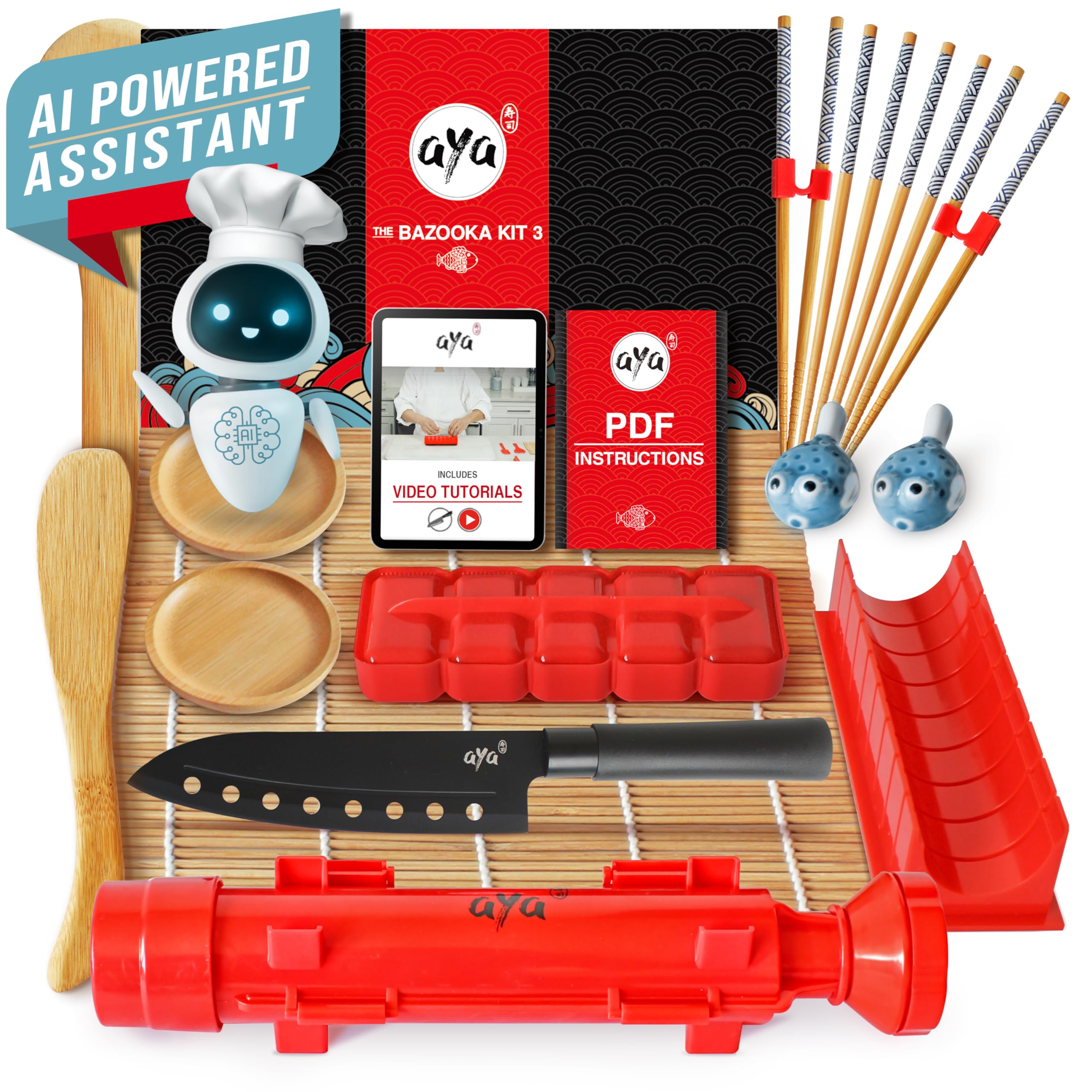 AYA Sushi Making Kit - 19 Piece Bazooka Kit 3 - Sushi Knife - Video Tutorial - eBook - Sushi Maker - Bamboo Mat - Chopsticks - Dipping plates - Nigiri