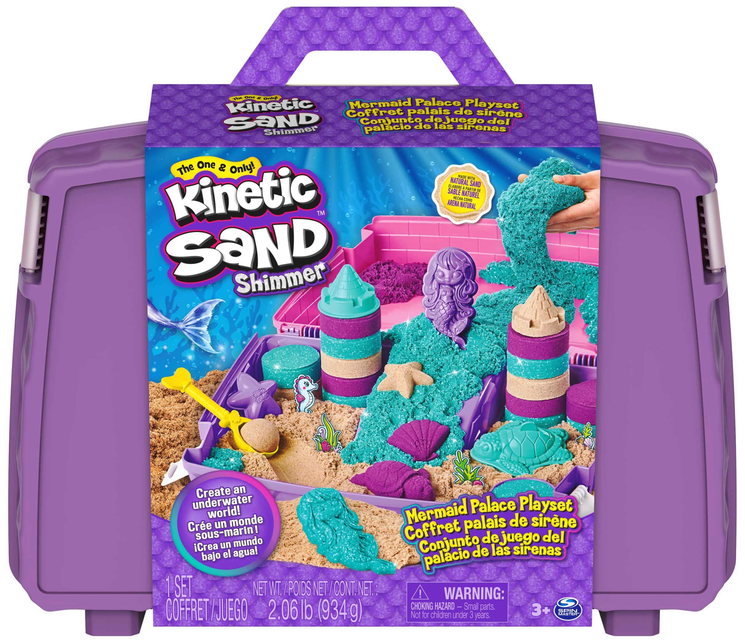 Kinetic SandMermaid Palace Playset, Over 2lbs Play Sand (Neon, Shimmer & Beach), Reusable Sandbox & Tools, for Kids Ages 3+