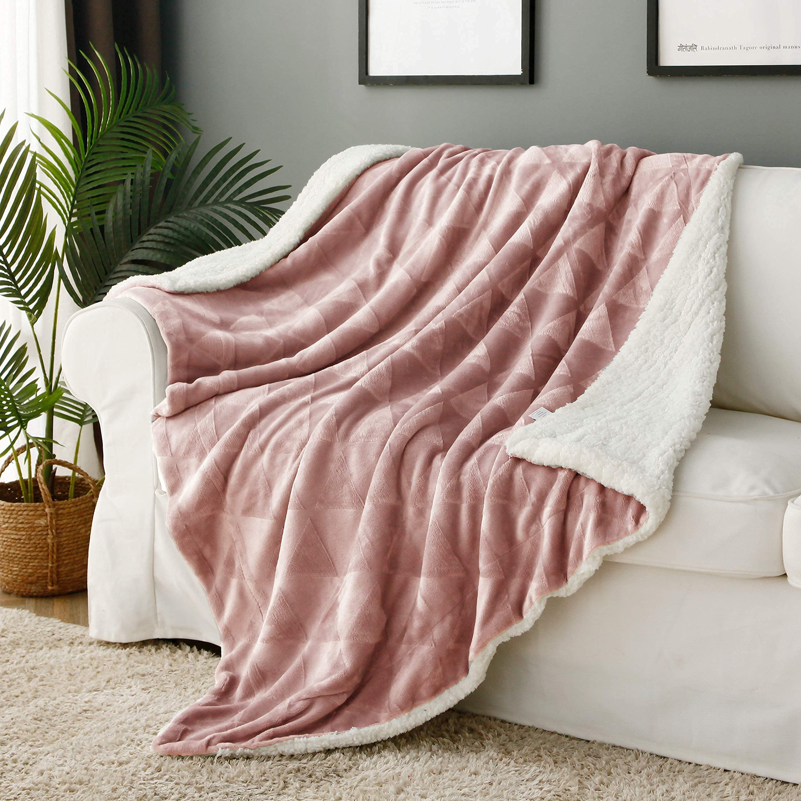 Exclusivo Mezcla50" x 70" Large Throw Blanket, Reversible Brushed Flannel Fleece and Plush Sherpa Blanket (Dusty Pink) Decorative, Lightweight, Soft and Warm