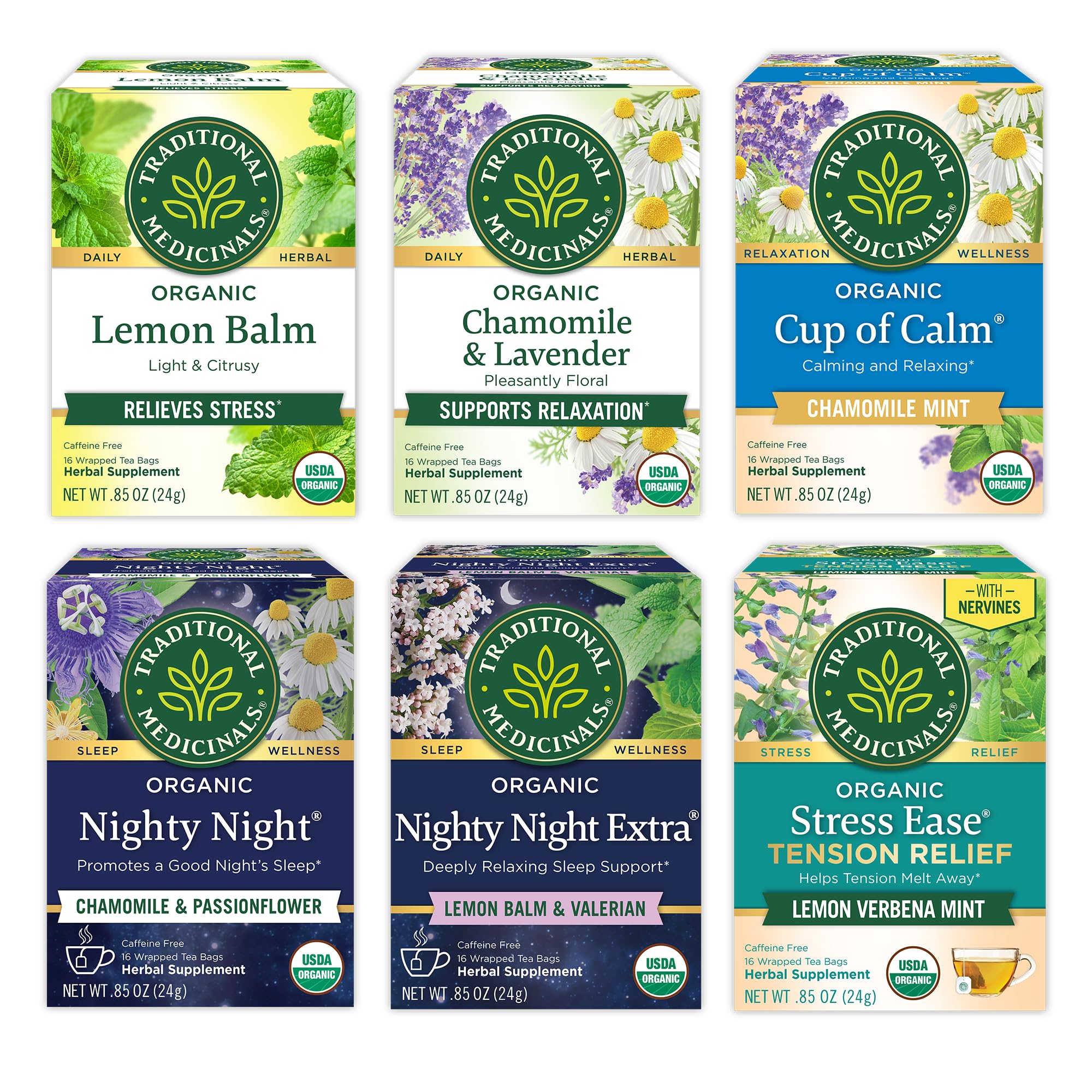 Traditional Medicinals Tea, Organic Tea for Stress Relief & Sleep, 6 Flavors, Lavender, Chamomile, Lemon & Valerian Root, Herbal Tea Variety Pack, 96 Tea Bags, (6 Pack)