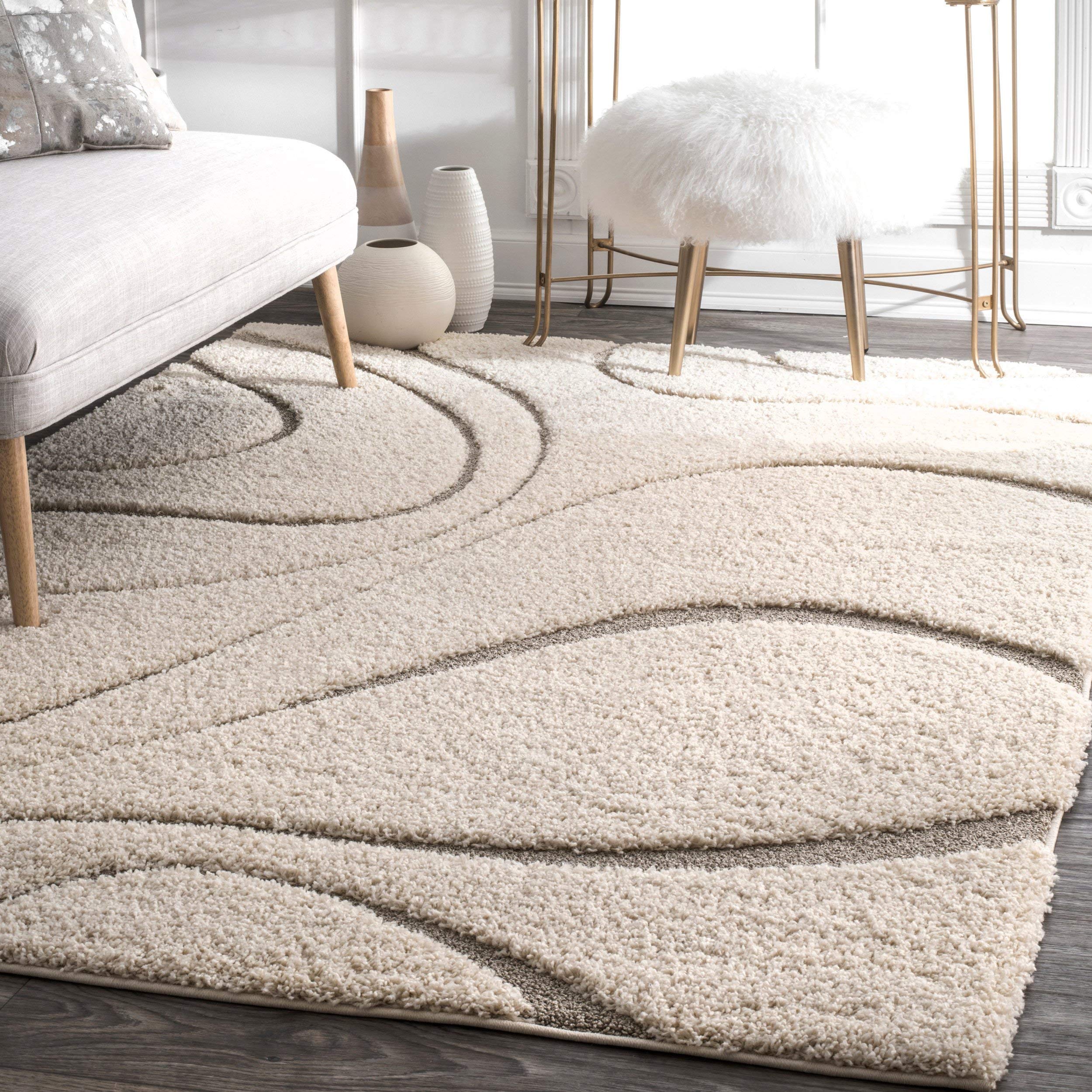 MAAZ CARPETS Handwoven Super Soft Modern Area Abstract Wave Non-Shedding Premium Shag Collection Rugs Carpet 5x7 Feet Ivory Beige