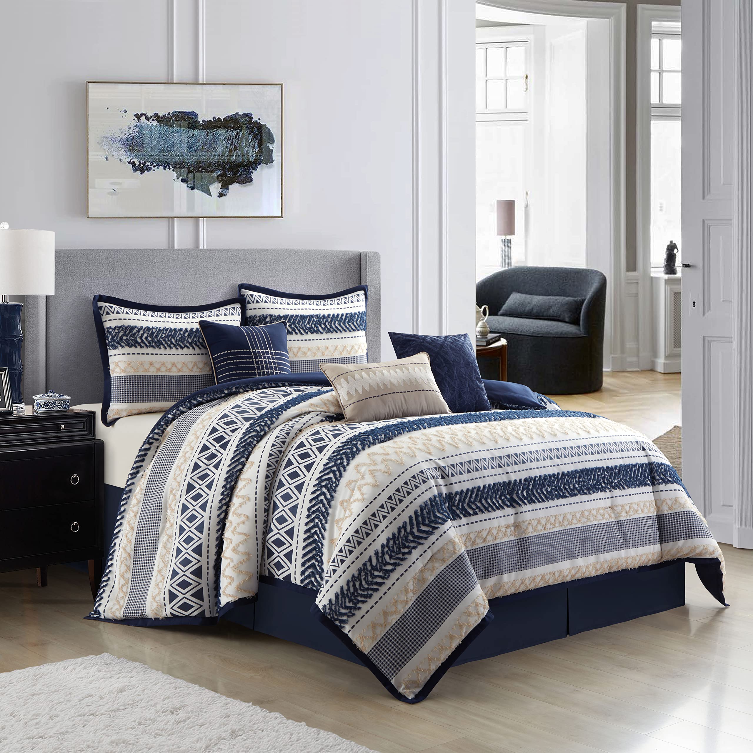 Grand Avenue Navy Striped California King Comforter Set , 7 Piece , Jacquard & Clip Geometric All Season Premium Bedding Set