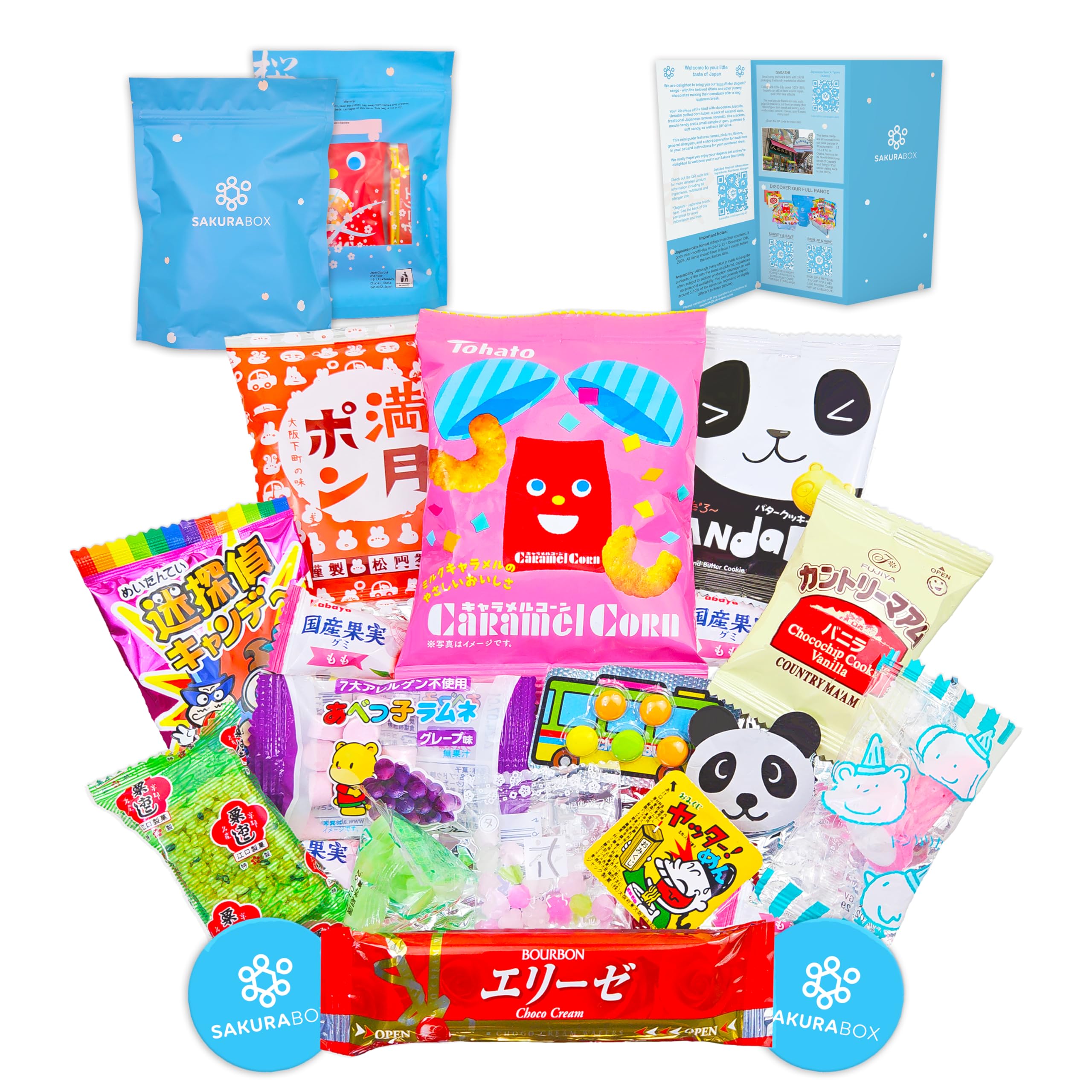 Sakura Box Japanese Candy & Snacks 15 Piece Dagashi Set Custom Design Bag English Information Pamphlet