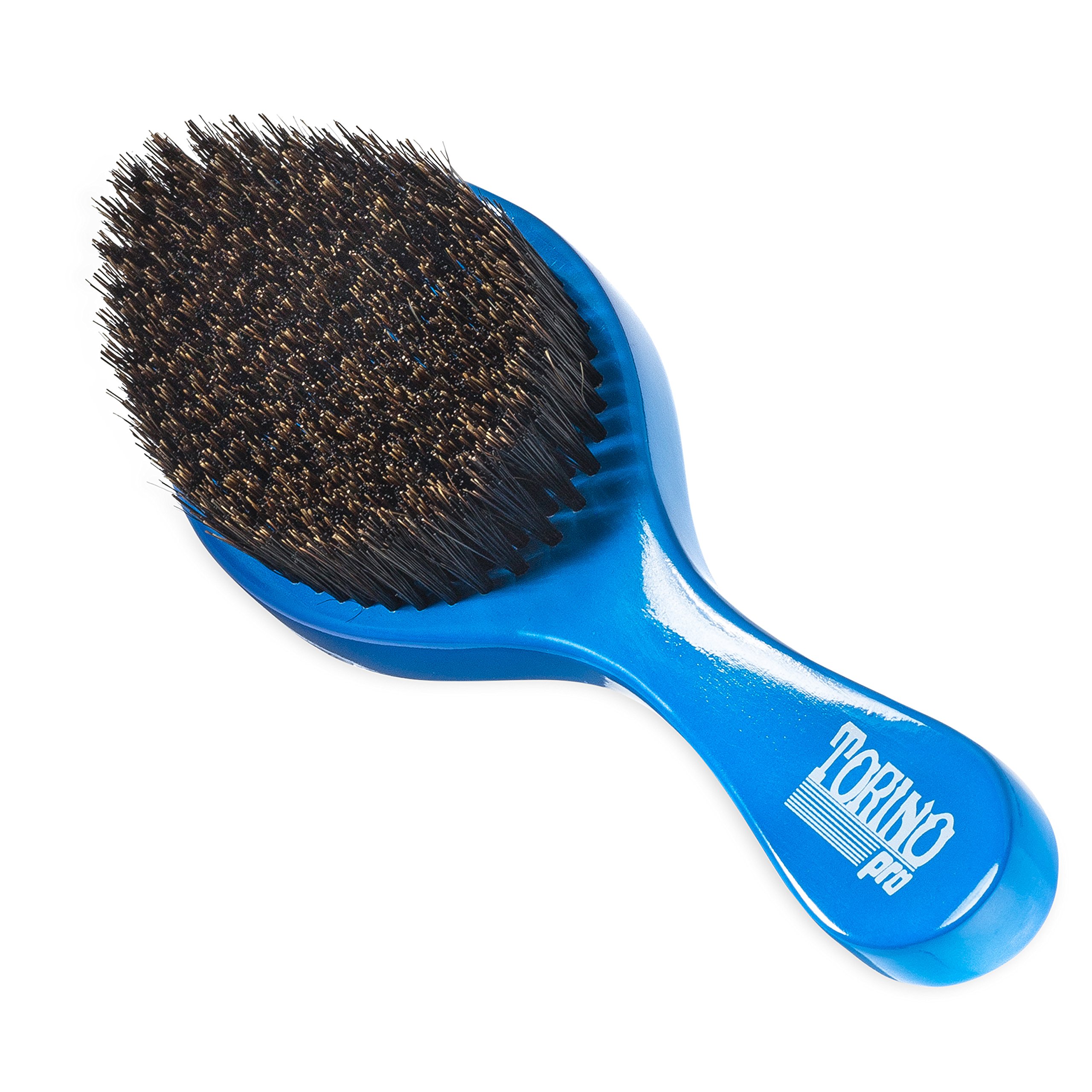 Torino Pro Wave Brushes by Brush King - Medium Curve Waves Brush #350 - Blue, Boar Bristles, Oval, for 360 Waves Hair Care